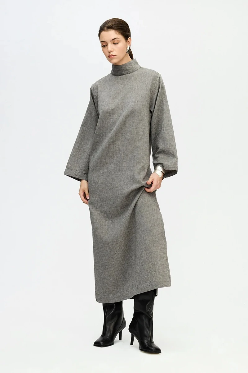 X Gri Boğazlı Elbise