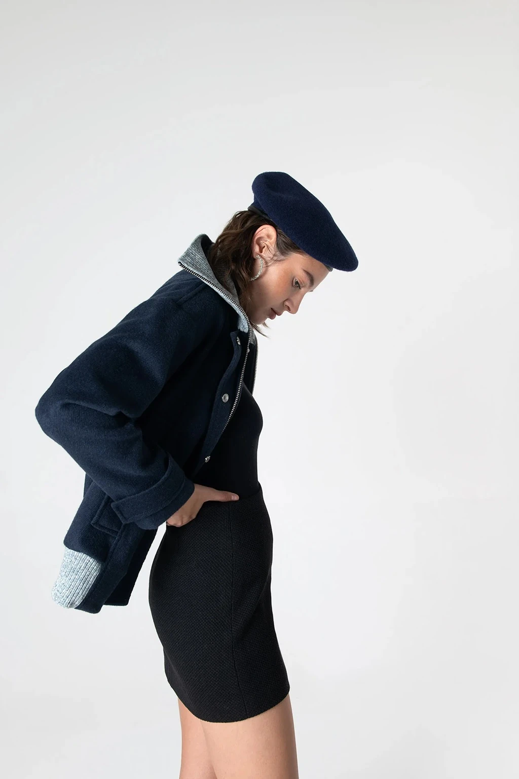 Grace Knit Collar Short Coat - Navy Blue