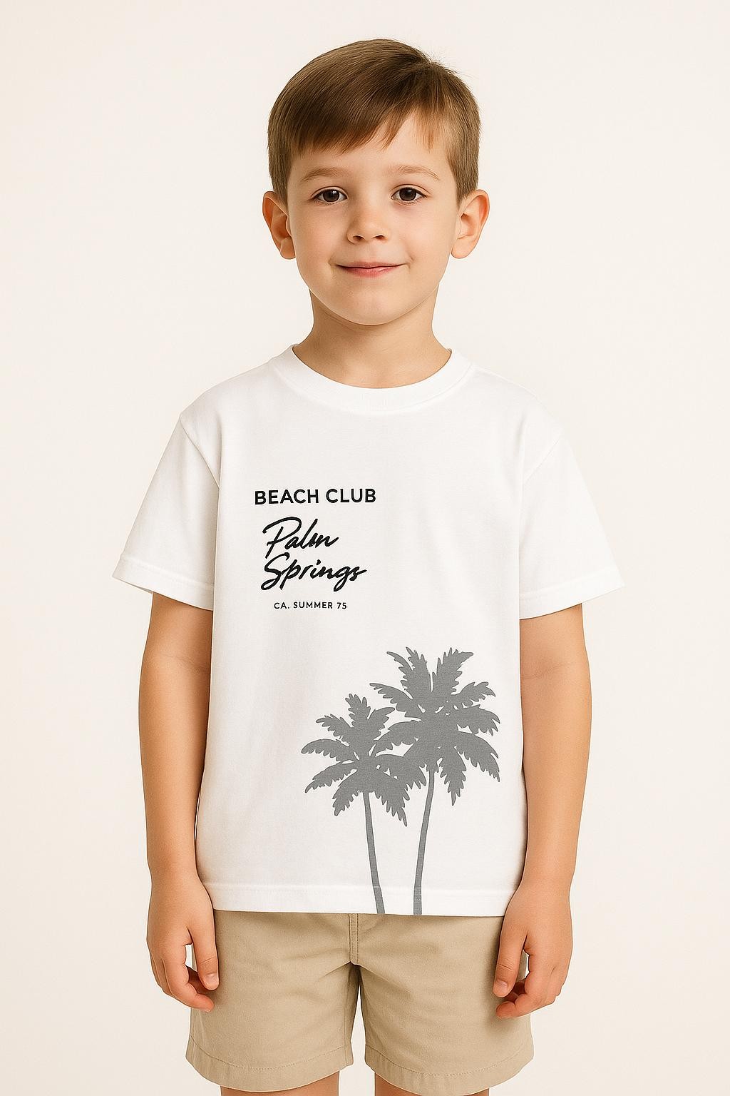Erkek Çocuk Bisiklet Yaka “Beach Club Palm Springs” Baskılı Kısa Kollu Tişört - Beyaz