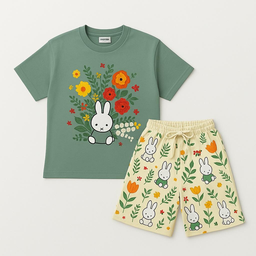 Kız Çocuk “Miffy” Çiçek Baskılı Kısa Kollu T-Shirt & Desenli Şort 2’li Yazlık Takım
