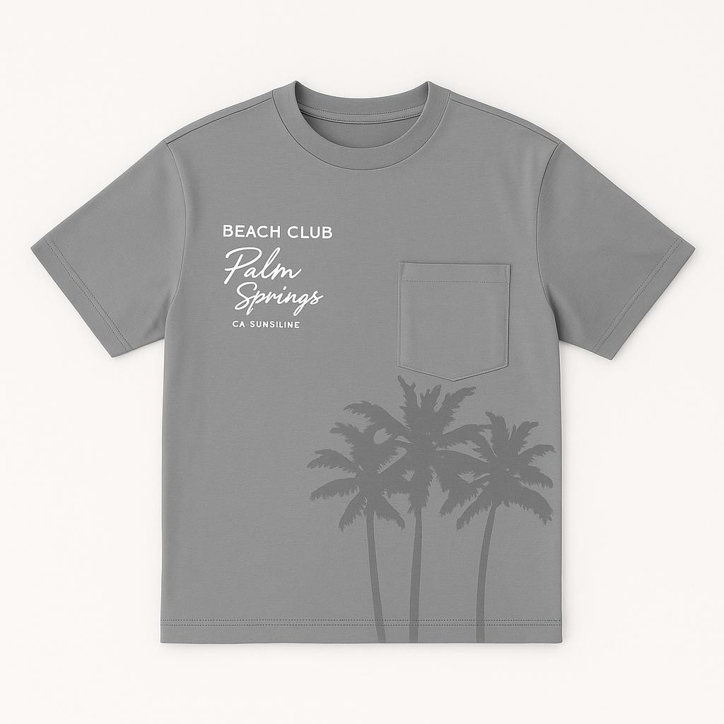 Erkek Çocuk Bisiklet Yaka “Beach Club Palm Springs” Baskılı Kısa Kollu Tişört - Gri