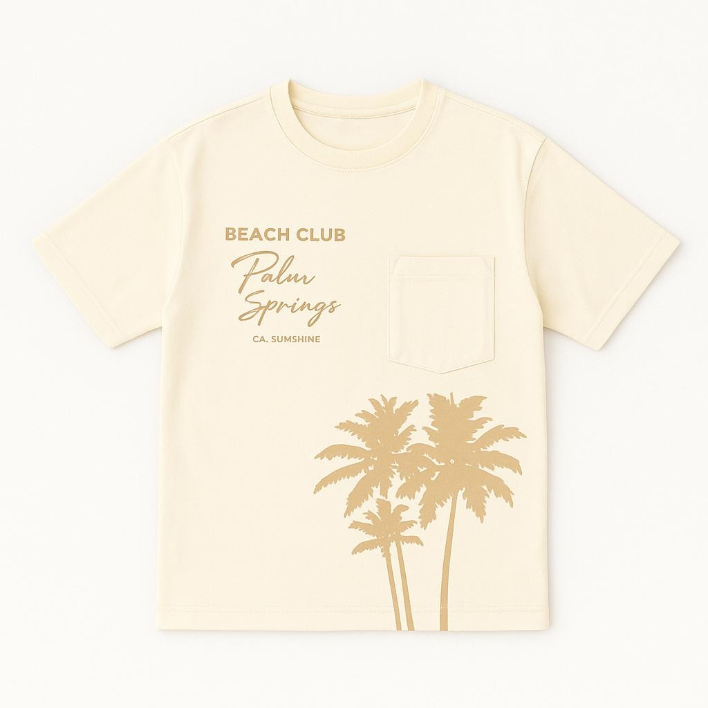 Erkek Çocuk Bisiklet Yaka “Beach Club Palm Springs” Baskılı Kısa Kollu Tişört - Bej