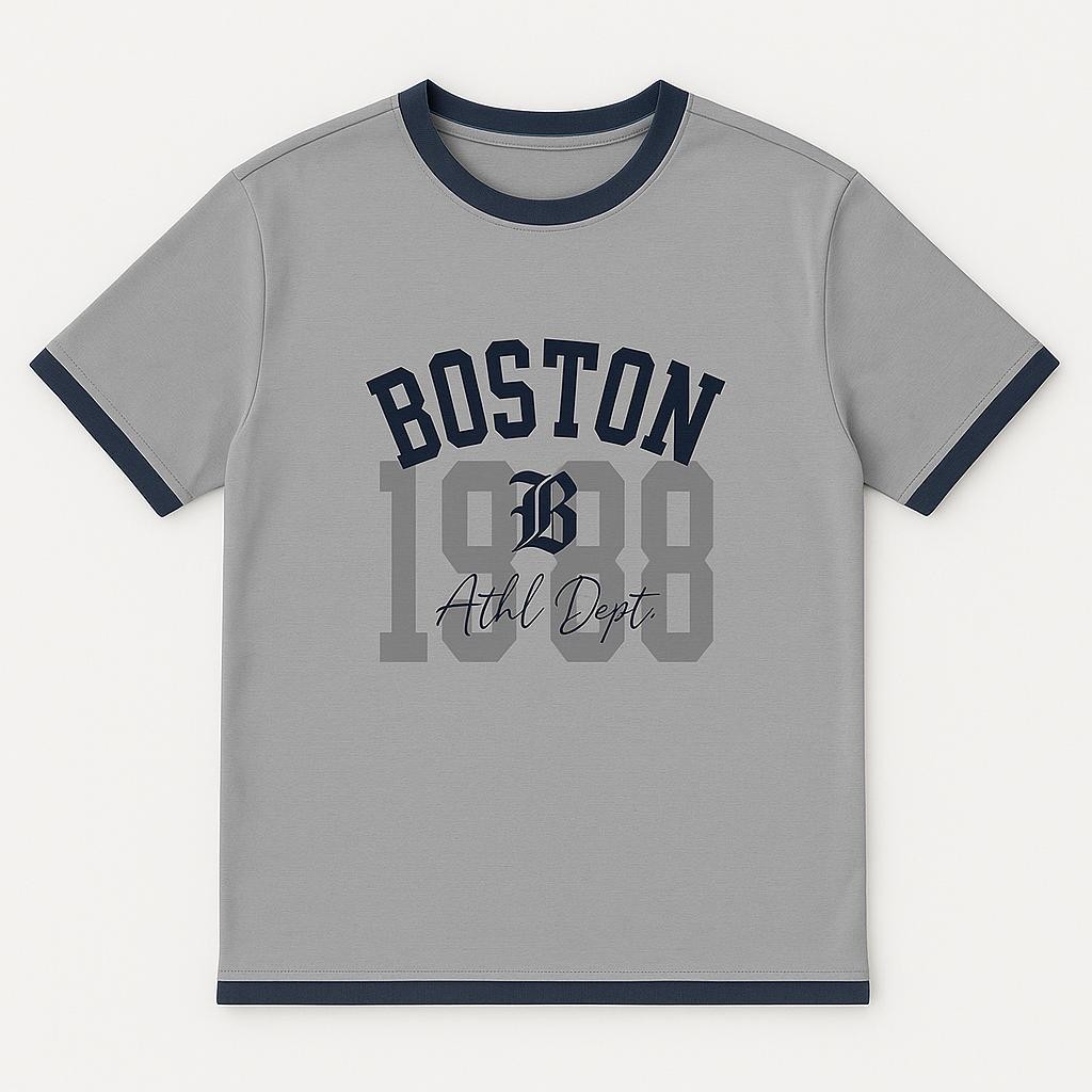 Erkek Çocuk Bisiklet Yaka “Boston 1988 Athl. Dept” Baskılı Kısa Kollu Tişört - Gri