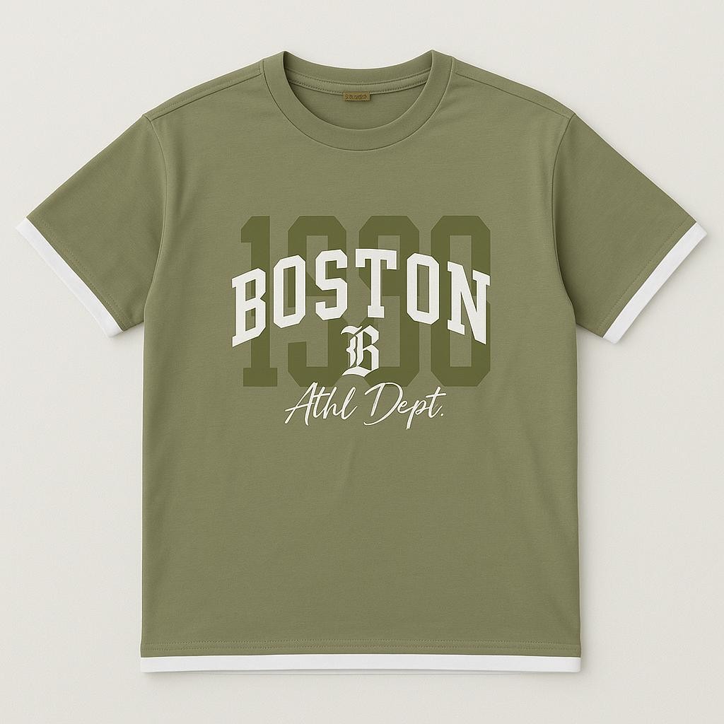 Erkek Çocuk Bisiklet Yaka “Boston 1988 Athl. Dept” Baskılı Kısa Kollu Tişört - Yeşil
