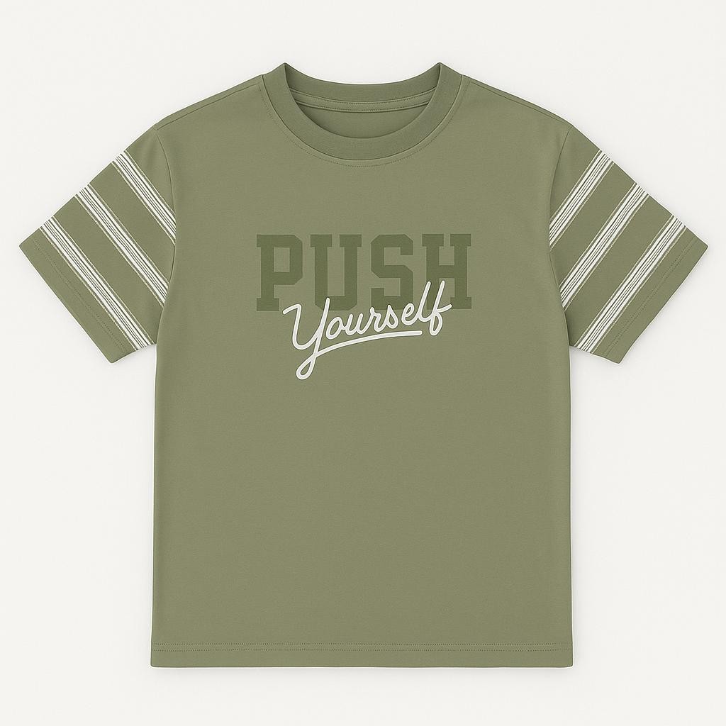 Erkek Çocuk Bisiklet Yaka Çizgili Kollu “Push Yourself” Baskılı Tişört - Yeşil