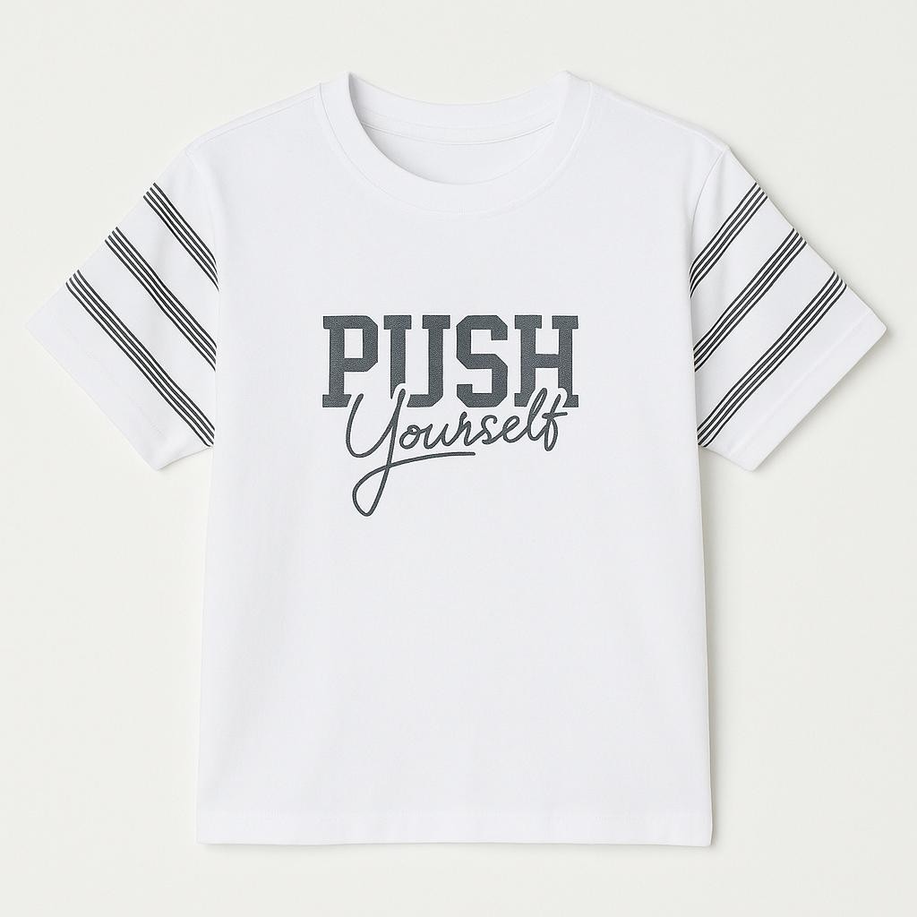 Erkek Çocuk Bisiklet Yaka Çizgili Kollu “Push Yourself” Baskılı Tişört - Beyaz