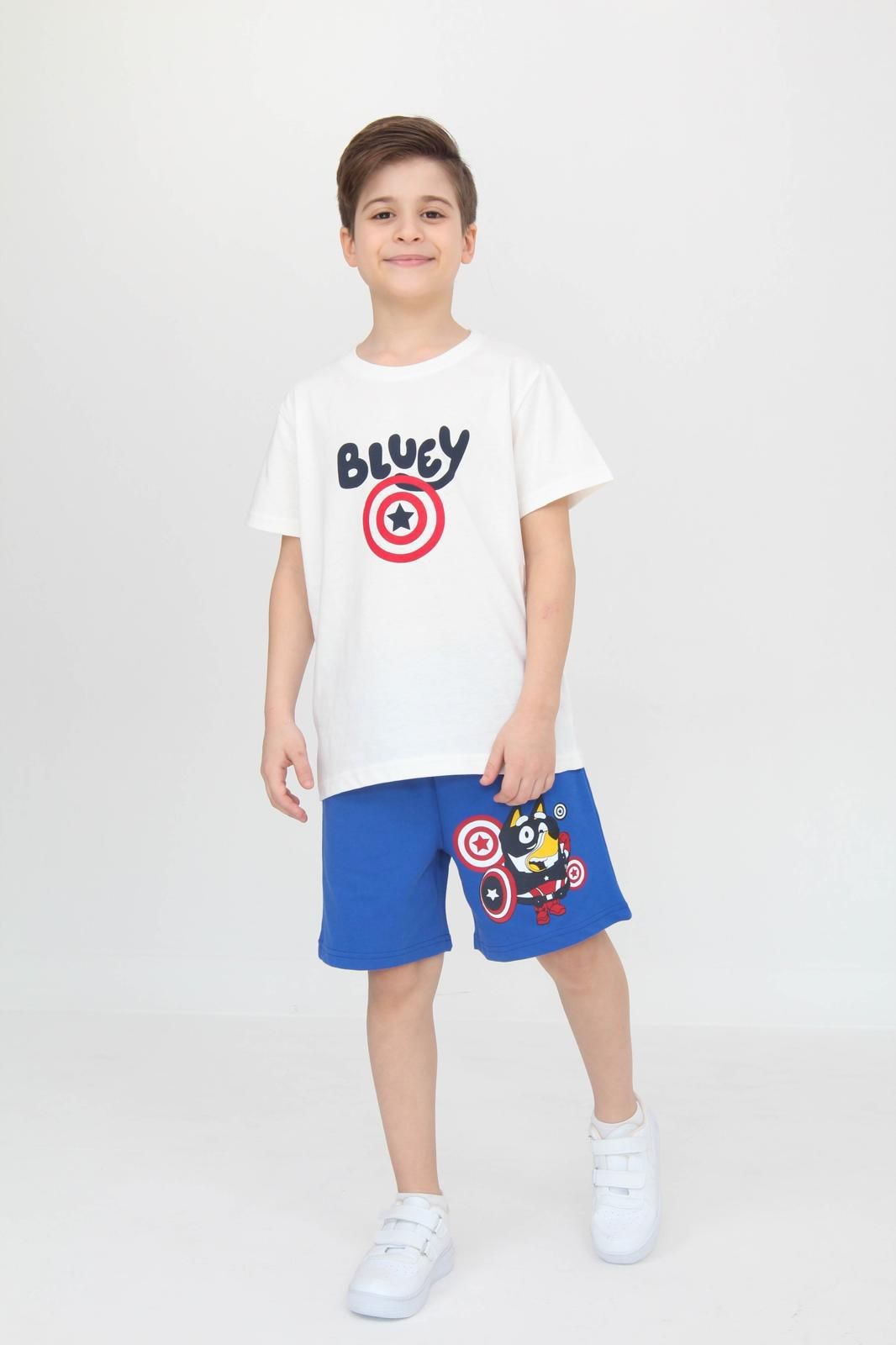 Erkek Çocuk "Bluey" Baskılı Tişört & Süper Kahraman Şort Takım - Beyaz