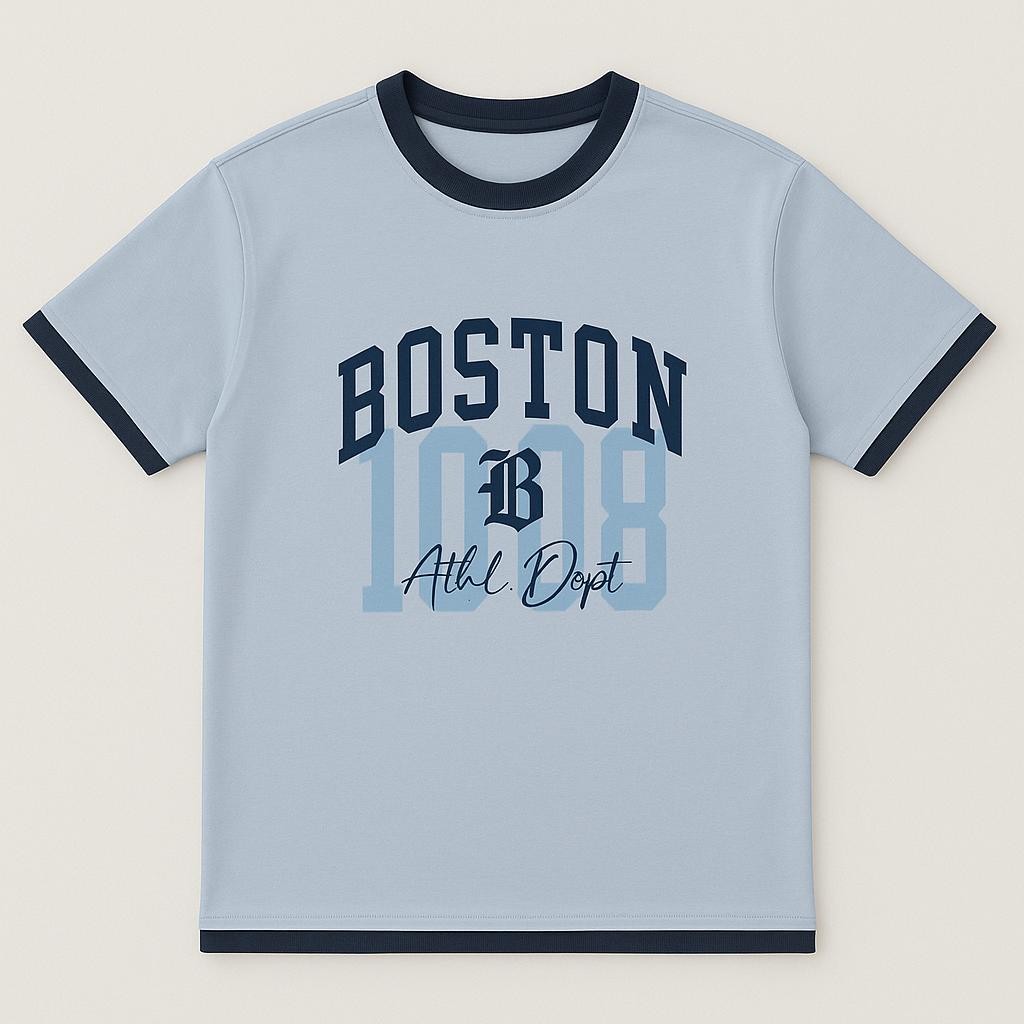 Erkek Çocuk Bisiklet Yaka “Boston 1988 Athl. Dept” Baskılı Kısa Kollu Tişört - Mavi