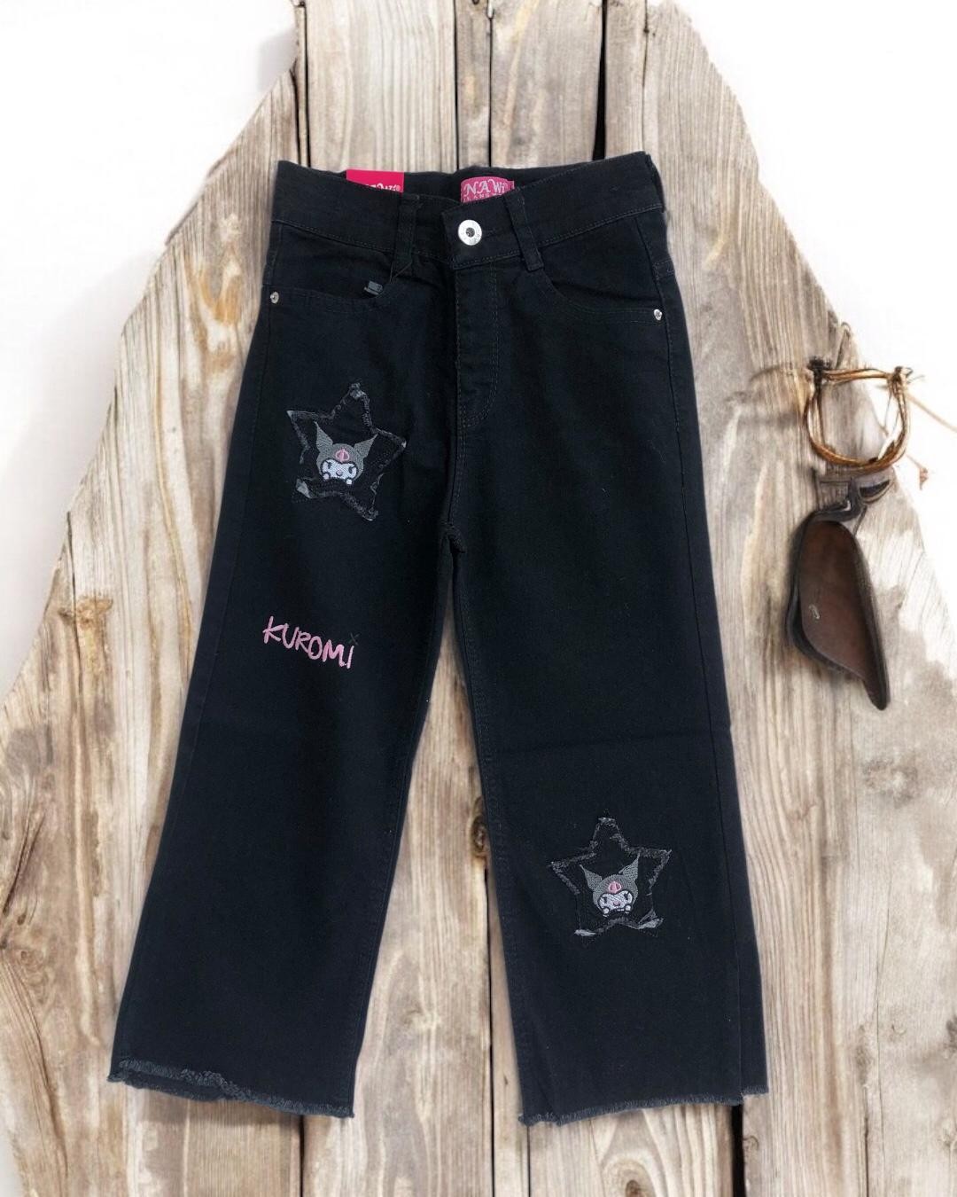 Beli Ayarlanabilir Lastikli Kuromi Baskılı Kız Çocuk Jean Pantolon - Siyah