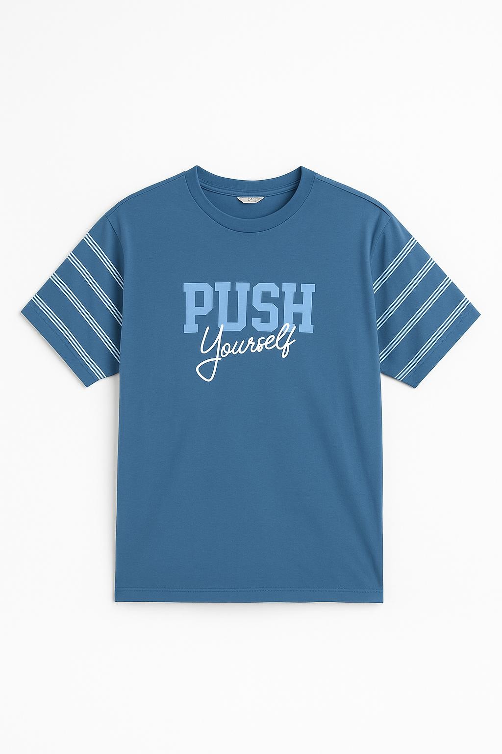 Erkek Çocuk Bisiklet Yaka Çizgili Kollu “Push Yourself” Baskılı Tişört - Mavi