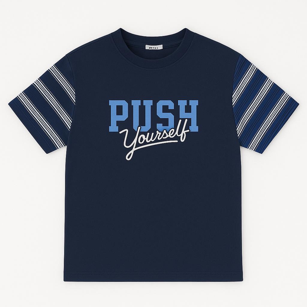 Erkek Çocuk Bisiklet Yaka Çizgili Kollu “Push Yourself” Baskılı Tişört - Lacivert
