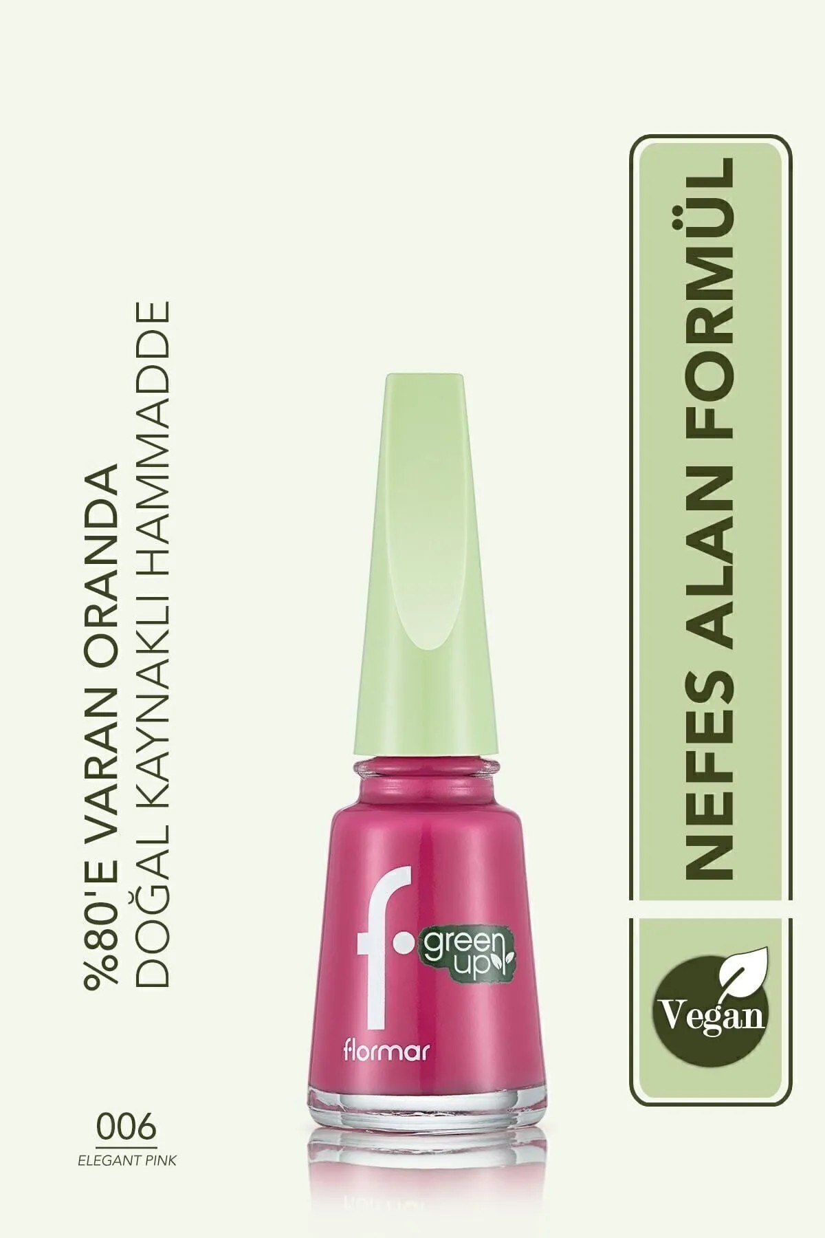 Flormar Parlak Bitişli Nefes Alabilen Vegan Oje Green Up Nail Enamel - 006 Elegant Pink