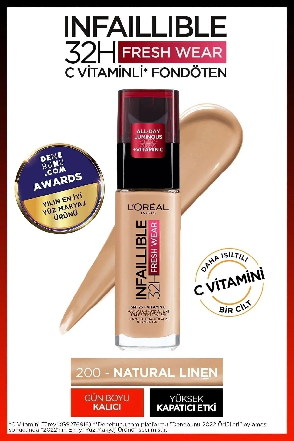 Loreal Paris Infaillible 32H Fresh Wear C Vitaminli Fondöten - 200 Natural Linen
