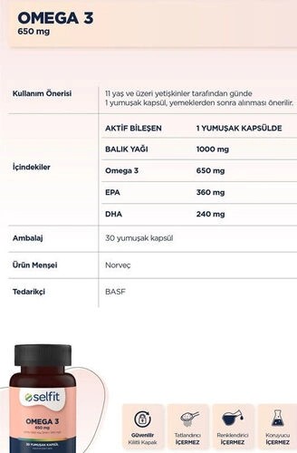 Selfit Omega 3 650 mg Balık Yağı 30 Kapsül