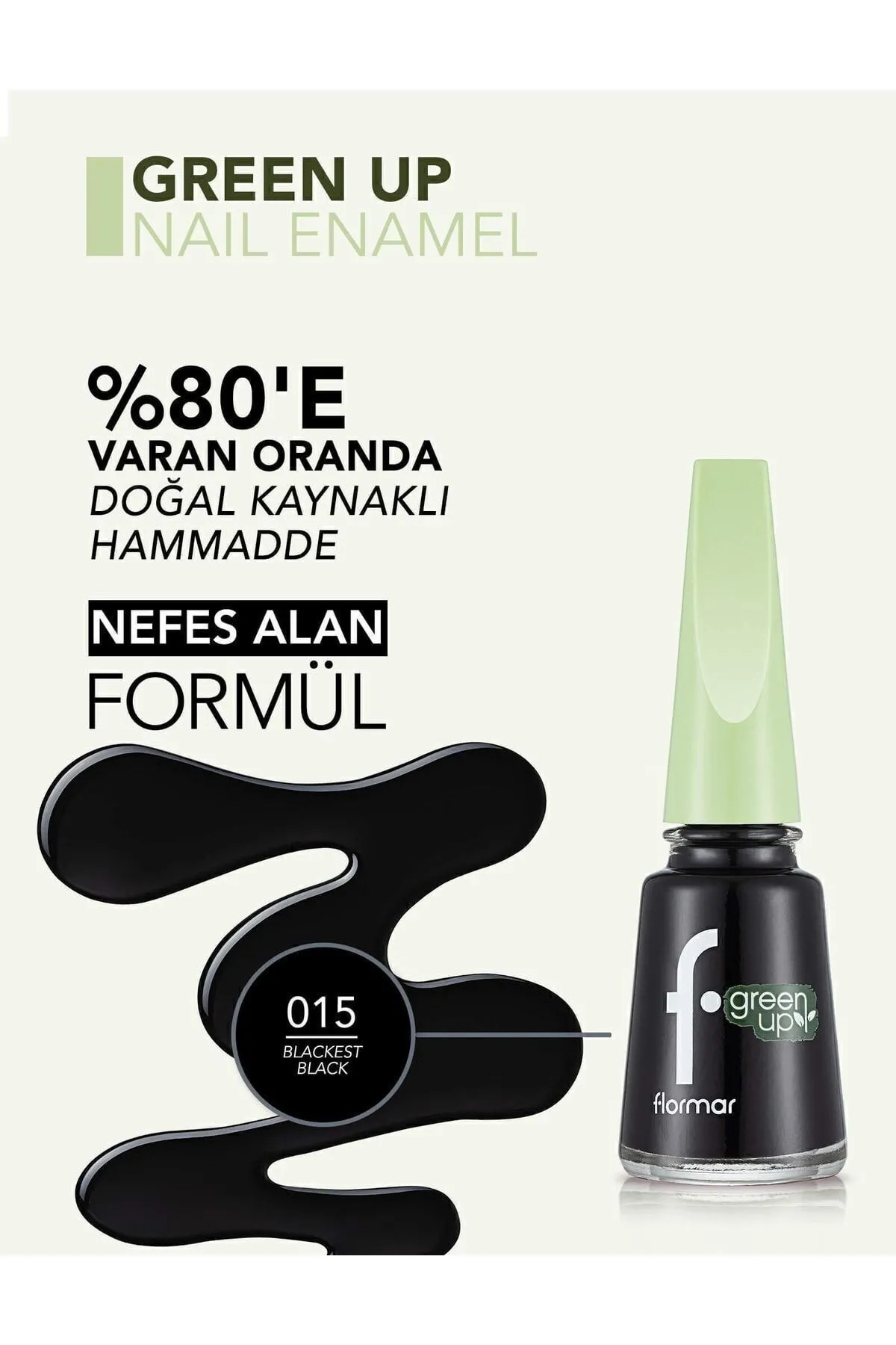 Flormar Parlak Bitişli Nefes Alabilen Vegan Oje Green Up Nail Enamel - 015 Blackest Black