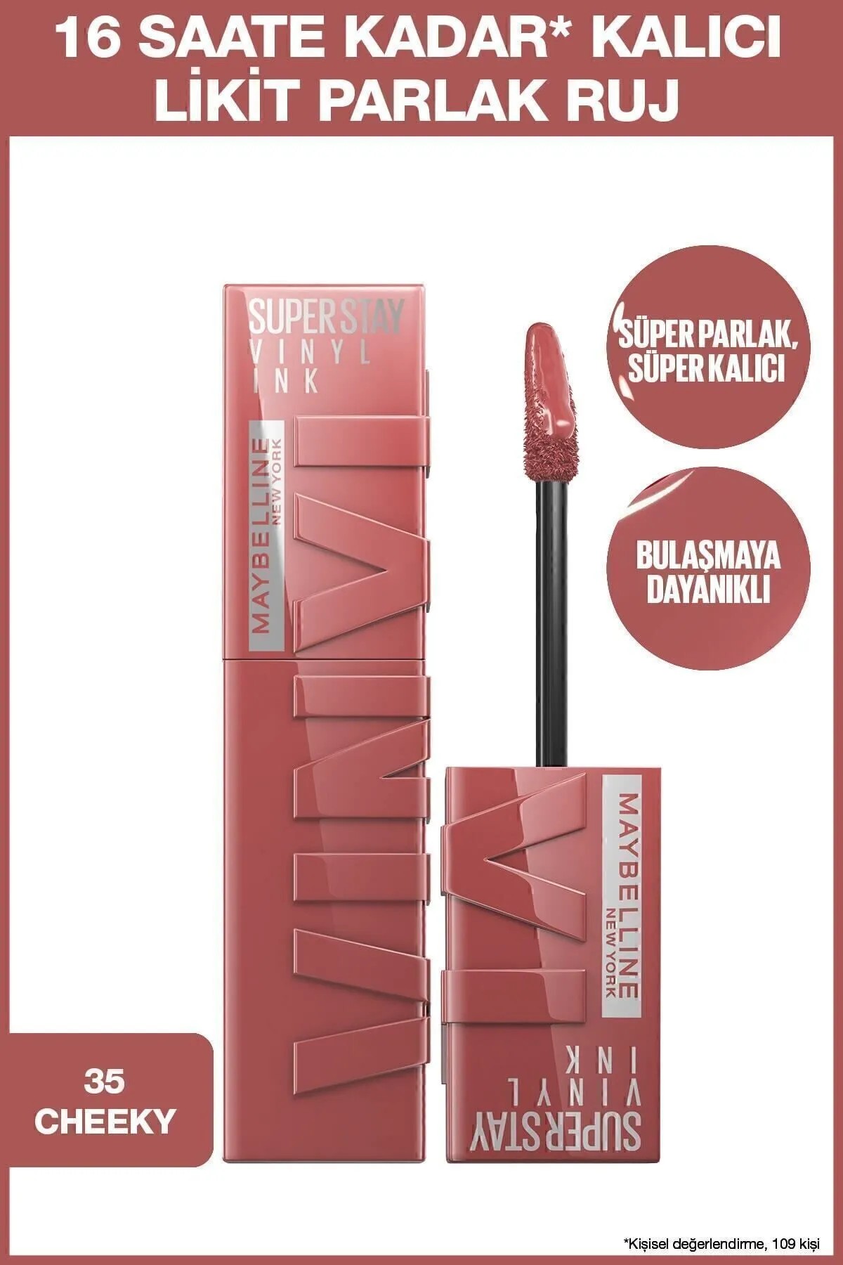 Maybelline New York Super Stay Vinyl Ink Uzun Süre Kalıcı Şeftali Tonlu Likit Parlak Ruj 35 Cheeky