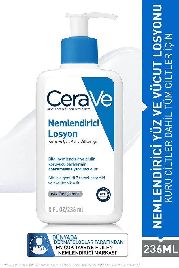 CeraVe Seramid ve Hyalüronik Asit içeren Nemlendirici Yüz ve Vücut Losyonu Kuru ve Çok Kuru Ciltler İçin 236 ml