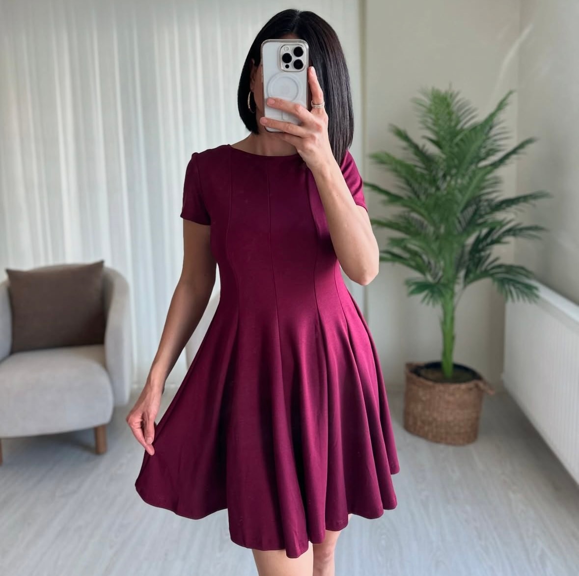 KISA KOL KİLOŞ ELBİSE - bordo