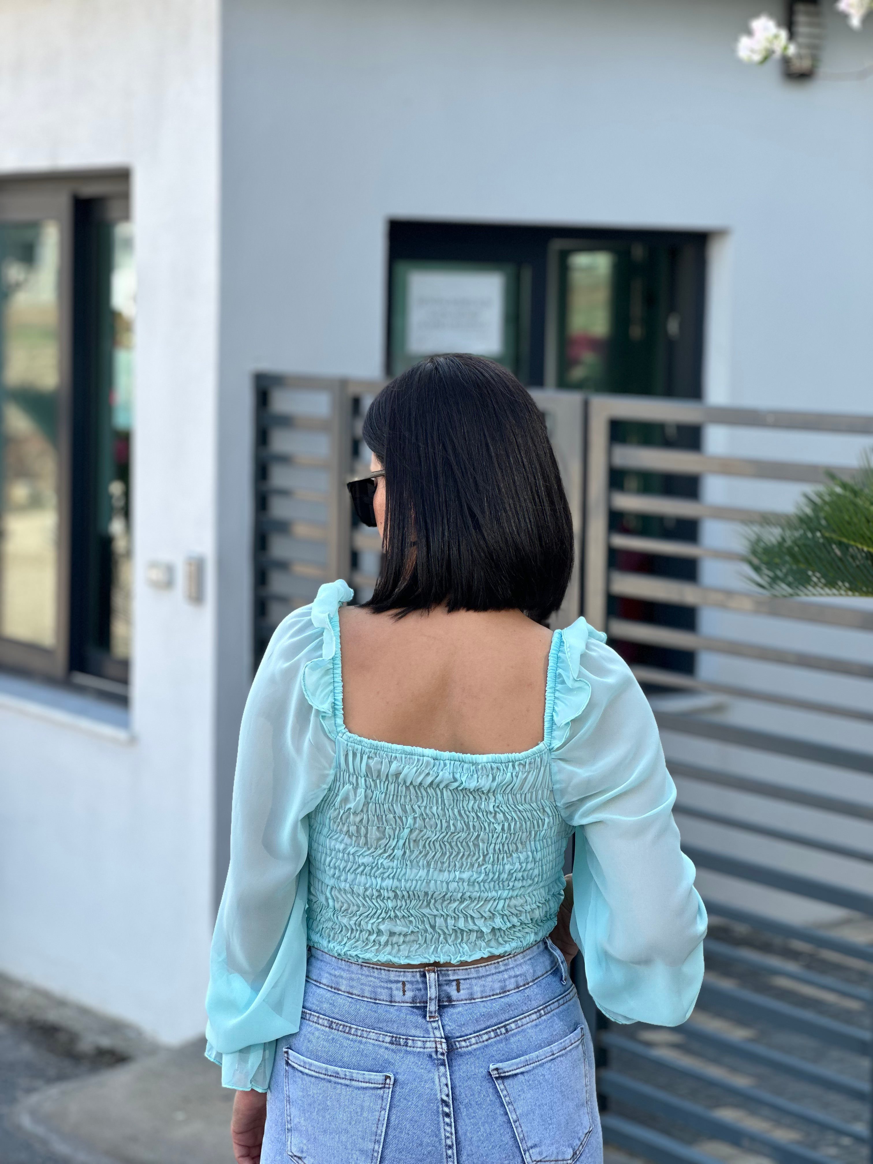 SIRTI LASTİK GÖĞSÜ BAĞLAMALI ŞİFON BLUZ