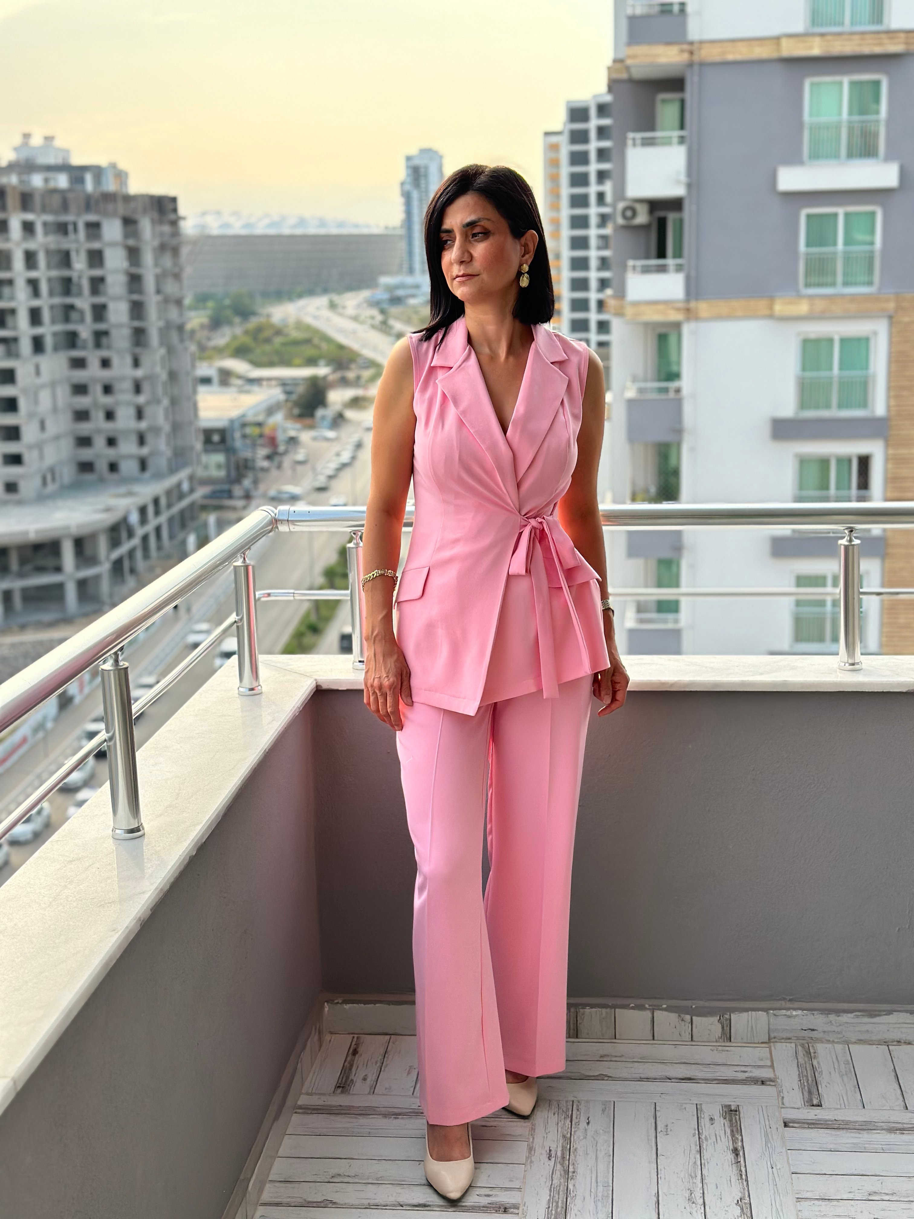 KUŞAKLI YELEK TAKIM - açık pembe
