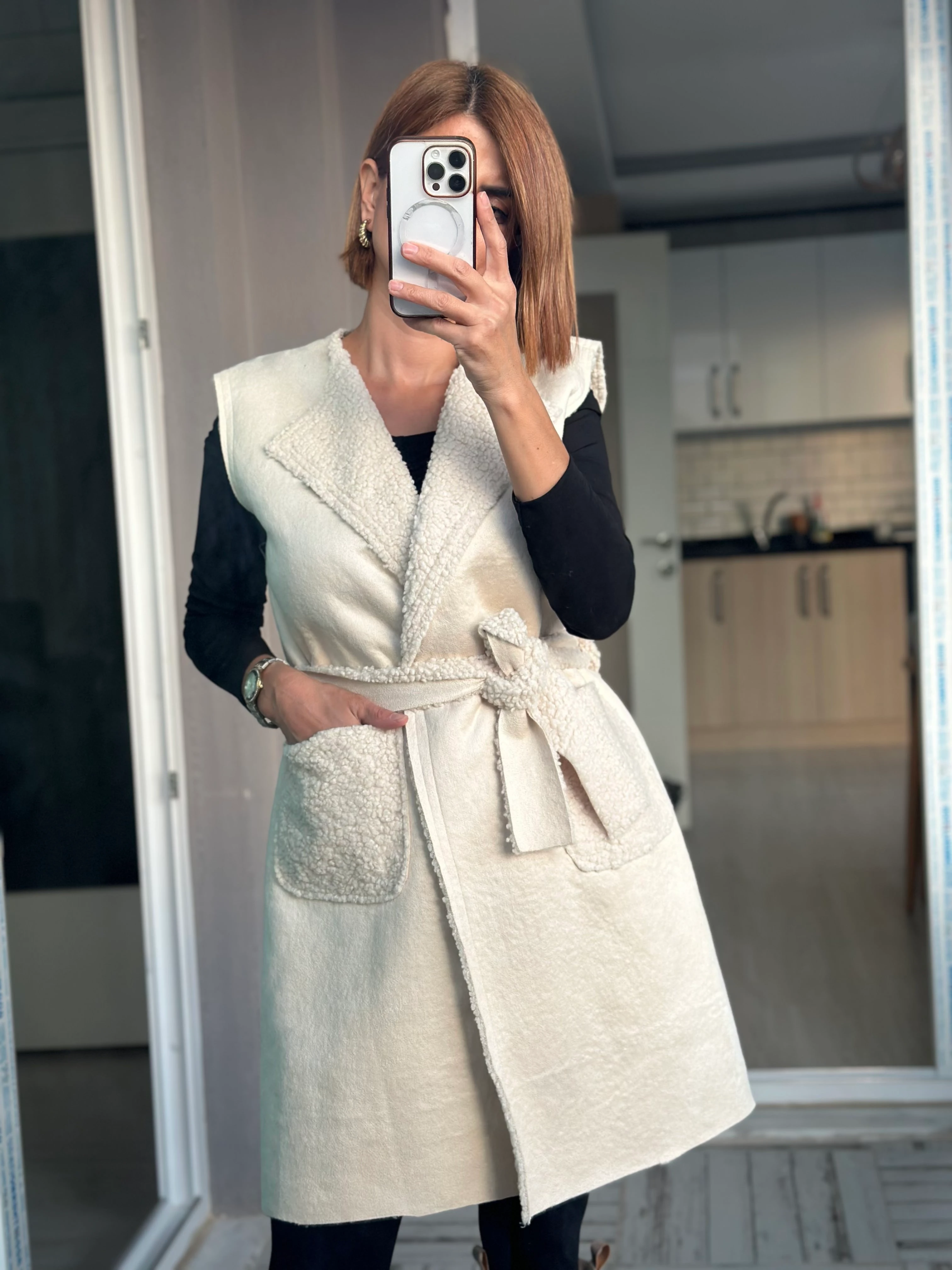 UZUN SÜET YELEK - KREM