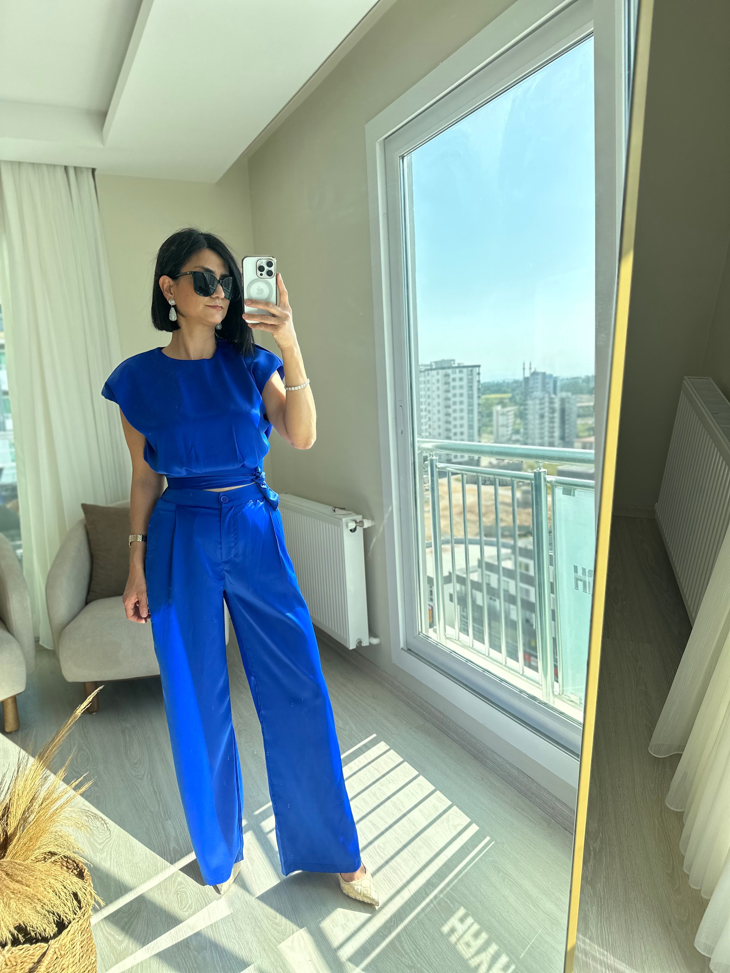 SATEN BLUZ PANTOLON TAKIM - Mavi