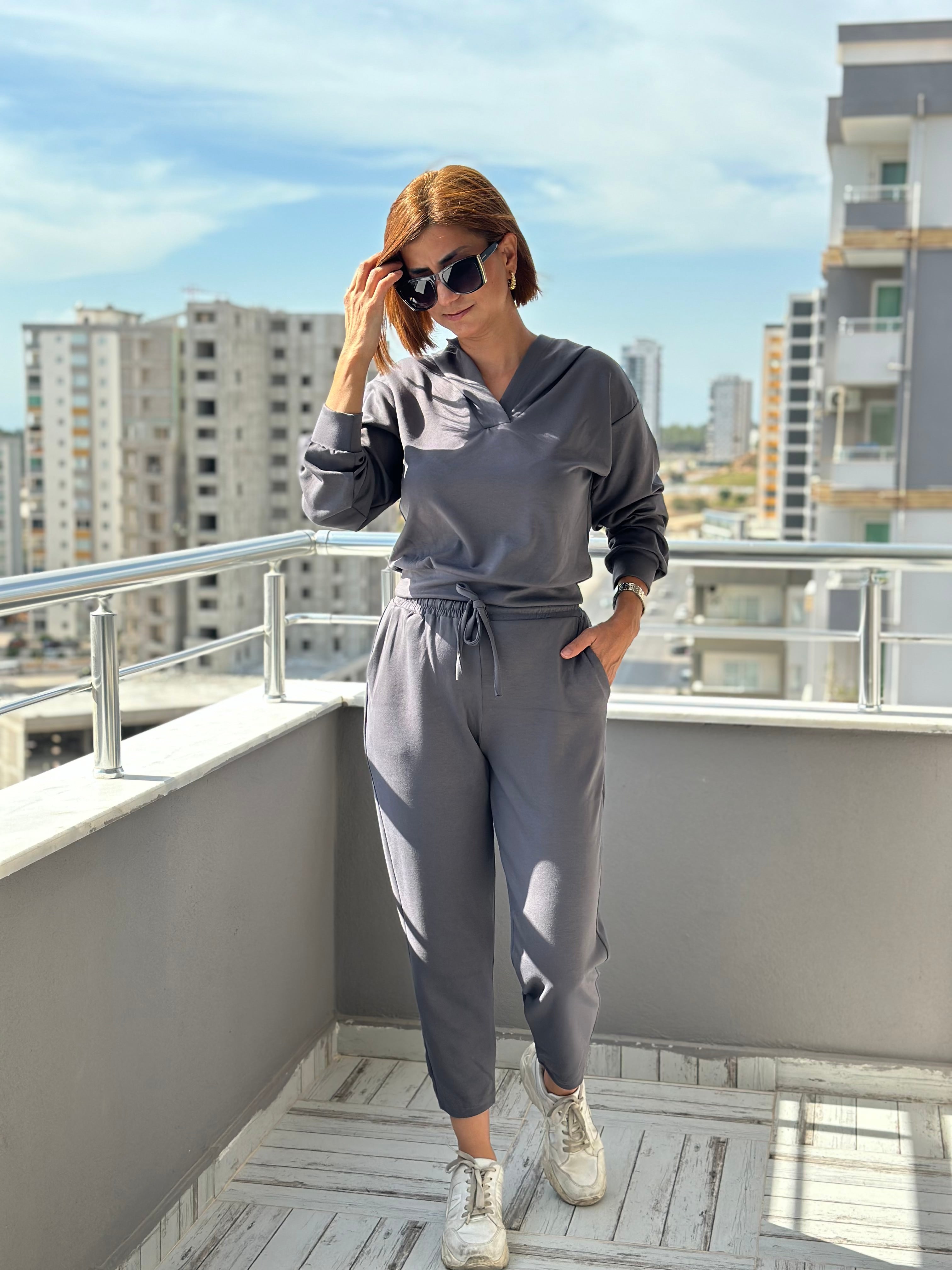 KAPŞONLU MODAL EŞOFMAN TAKIMI - GRİ