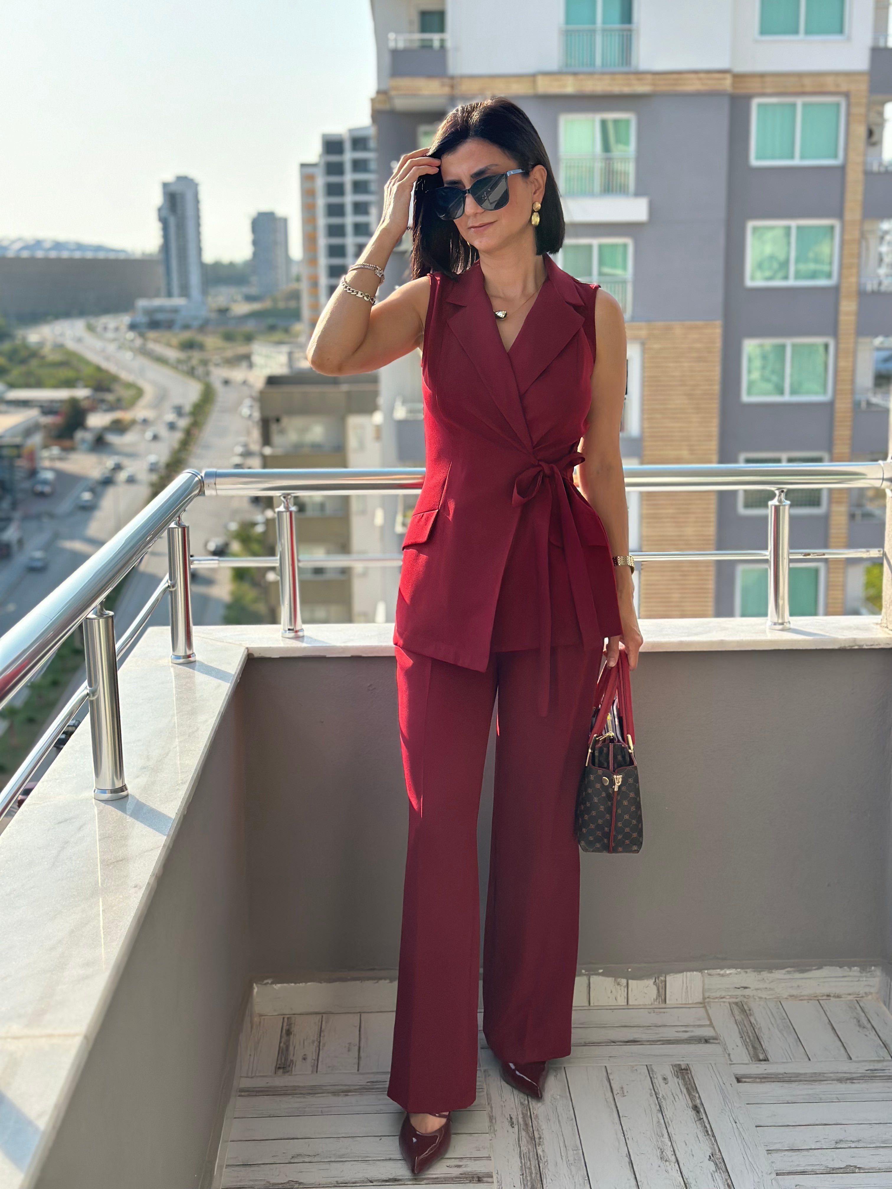 KUŞAKLI YELEK TAKIM - bordo