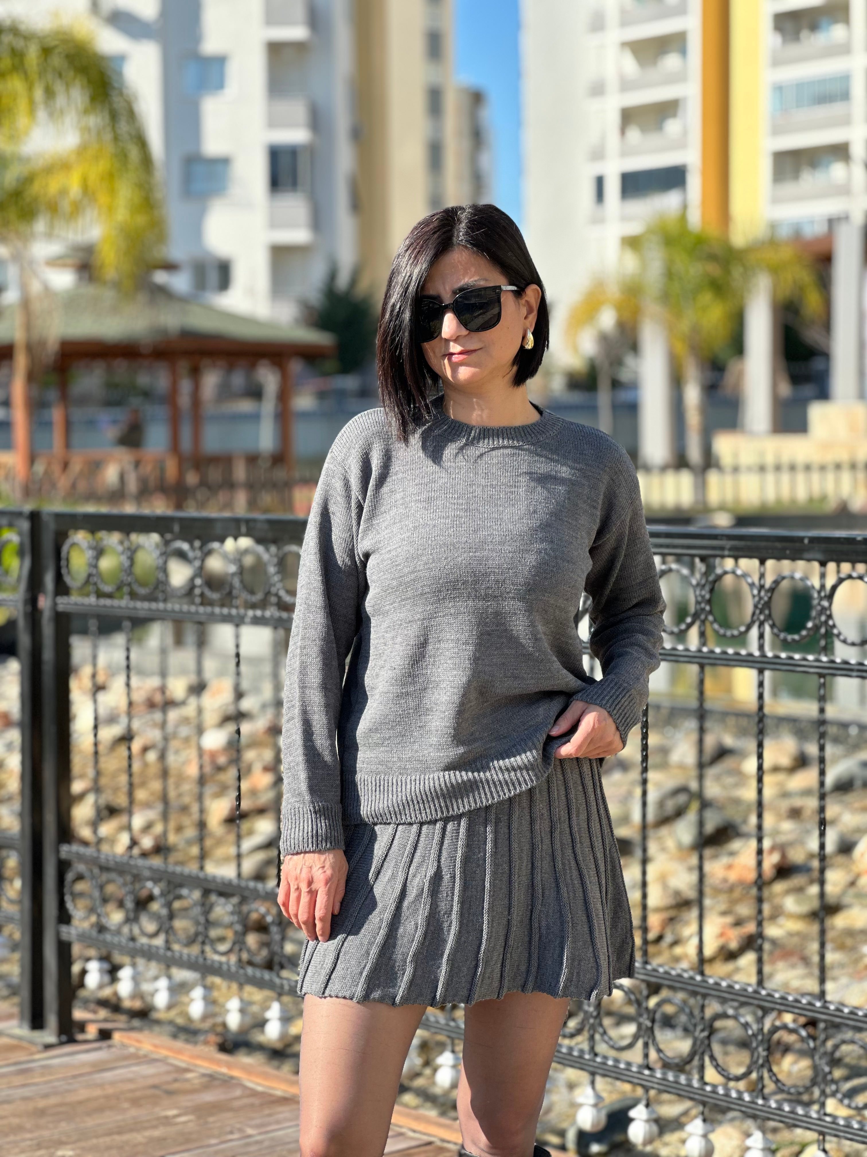 TRİKO ETEK BLUZ TAKIM - GRİ