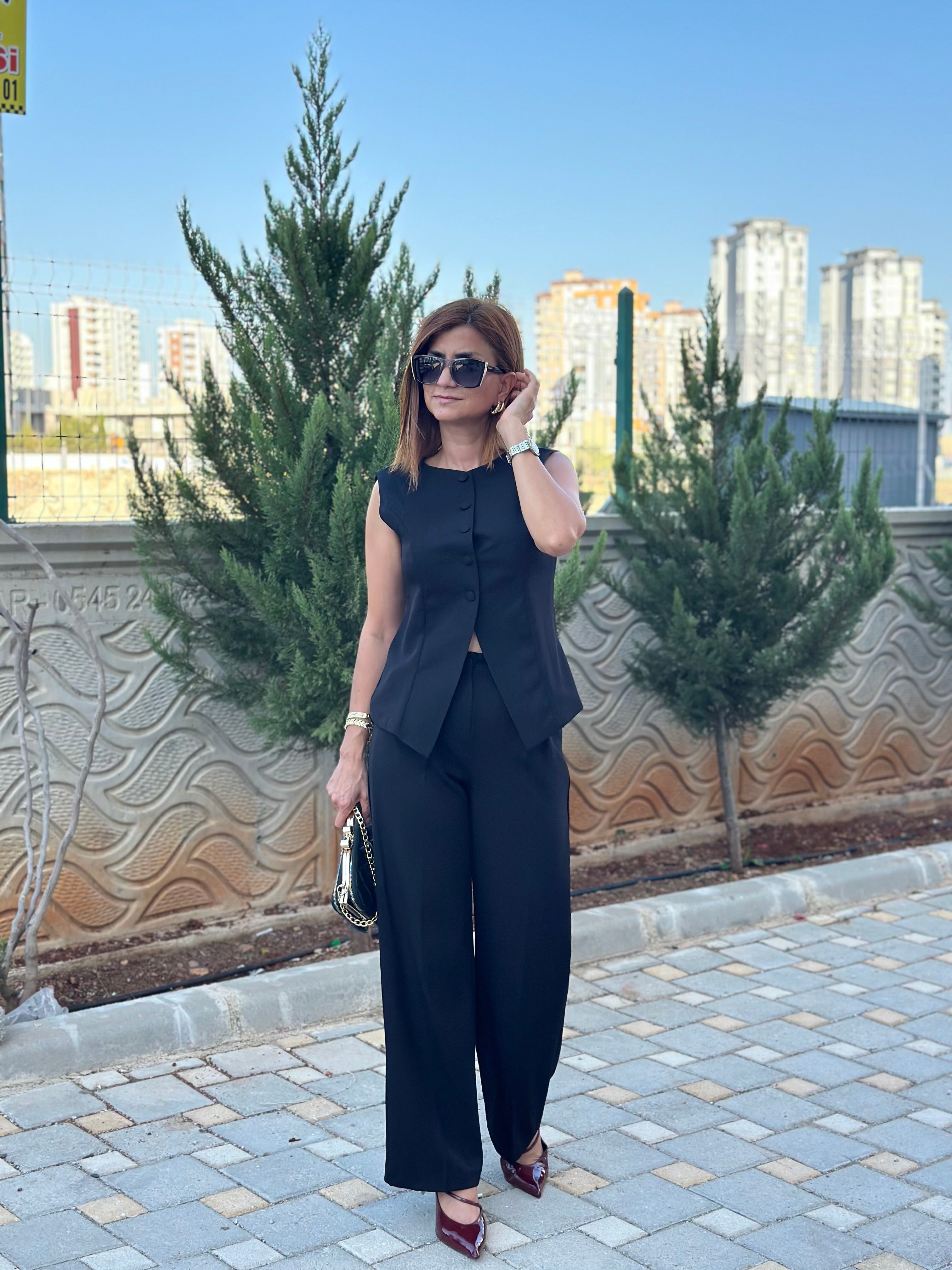 SIFIR KOL YELEK PANTOLON TAKIM - siyah