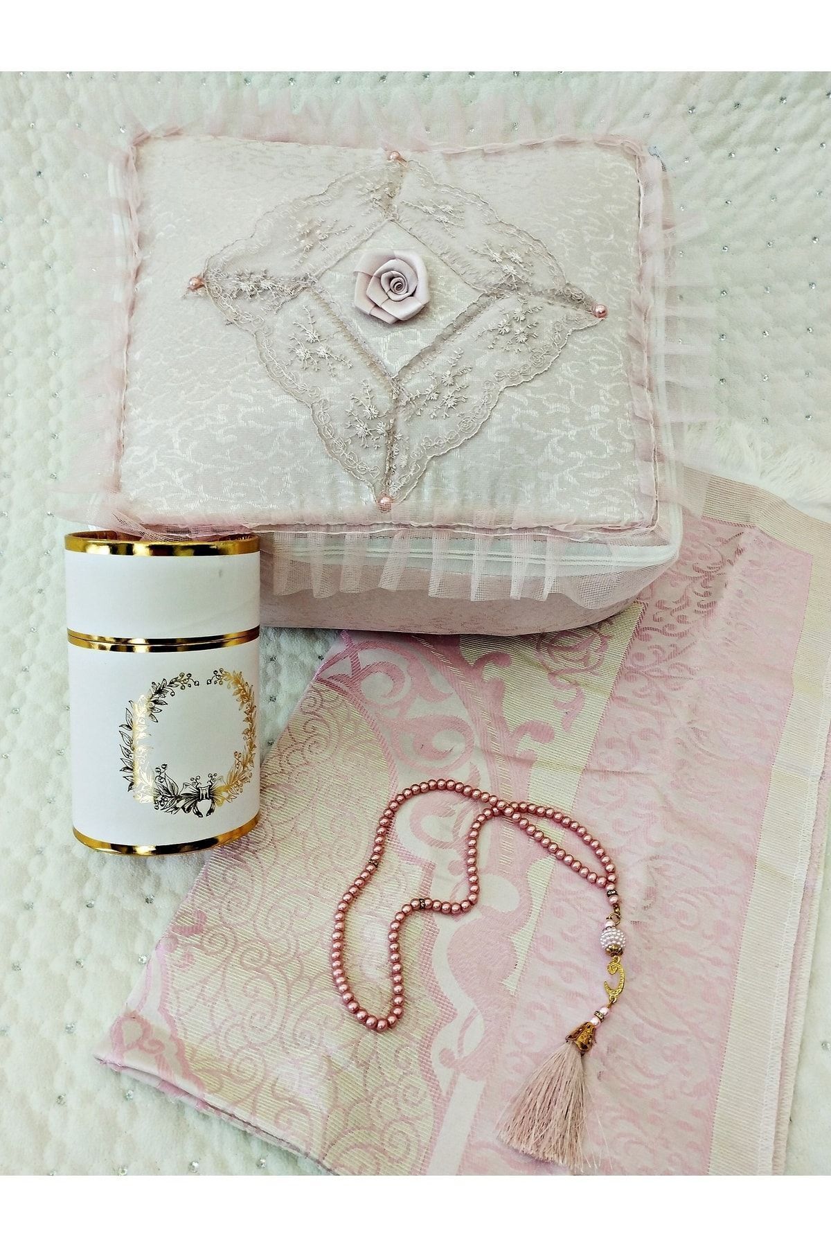4 Parça Bohça Gelin Damat Hediye Çeyiz Bohça Tafta Saçaklı Kutu Seccade Set Pudra Pembe