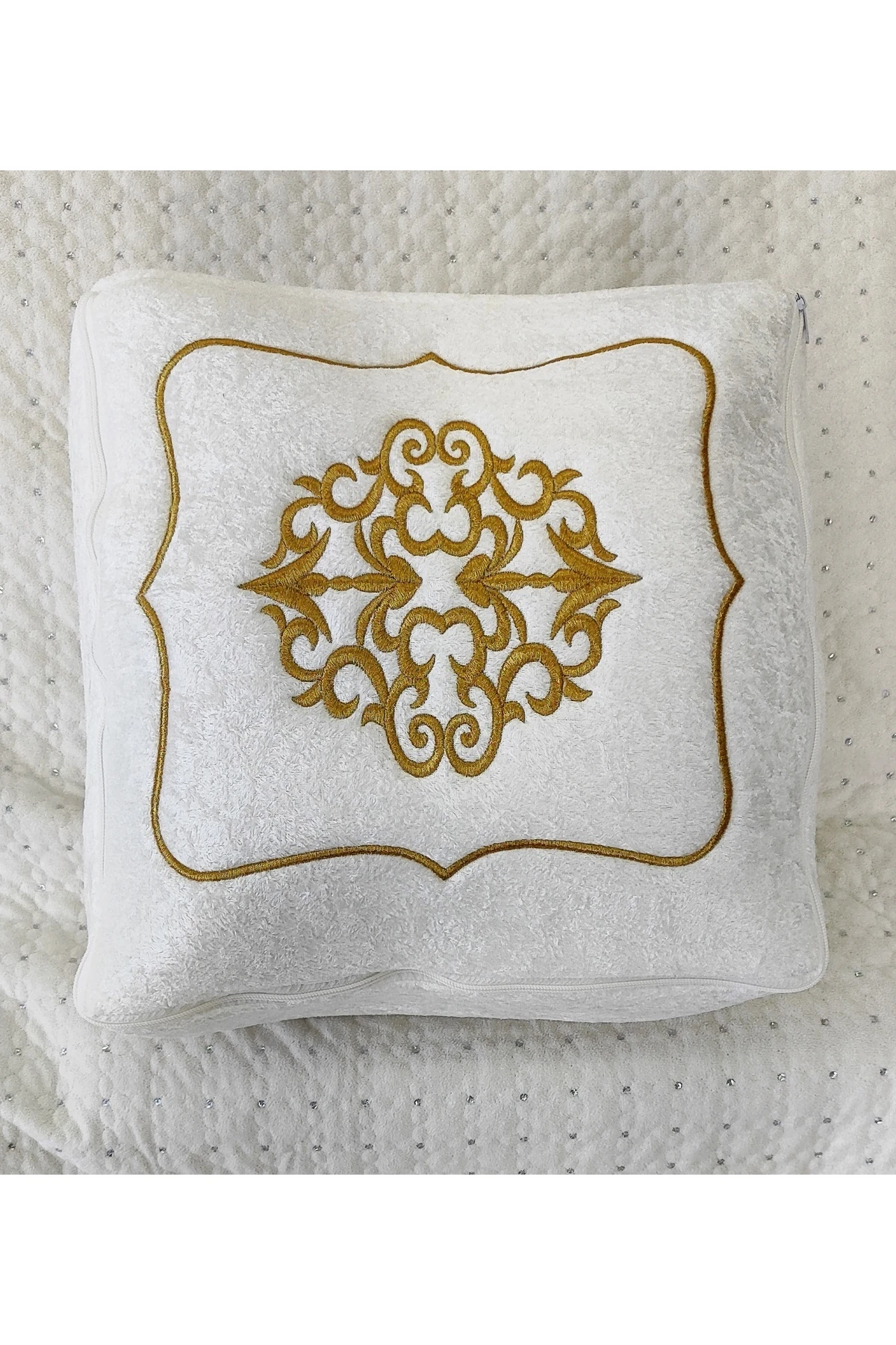 2'li Hurç Set Çeyizlik Nişan Bohça Gelin Bohçası Damat Bohçası Kadife Gold Işlemeli Beyaz Sultan