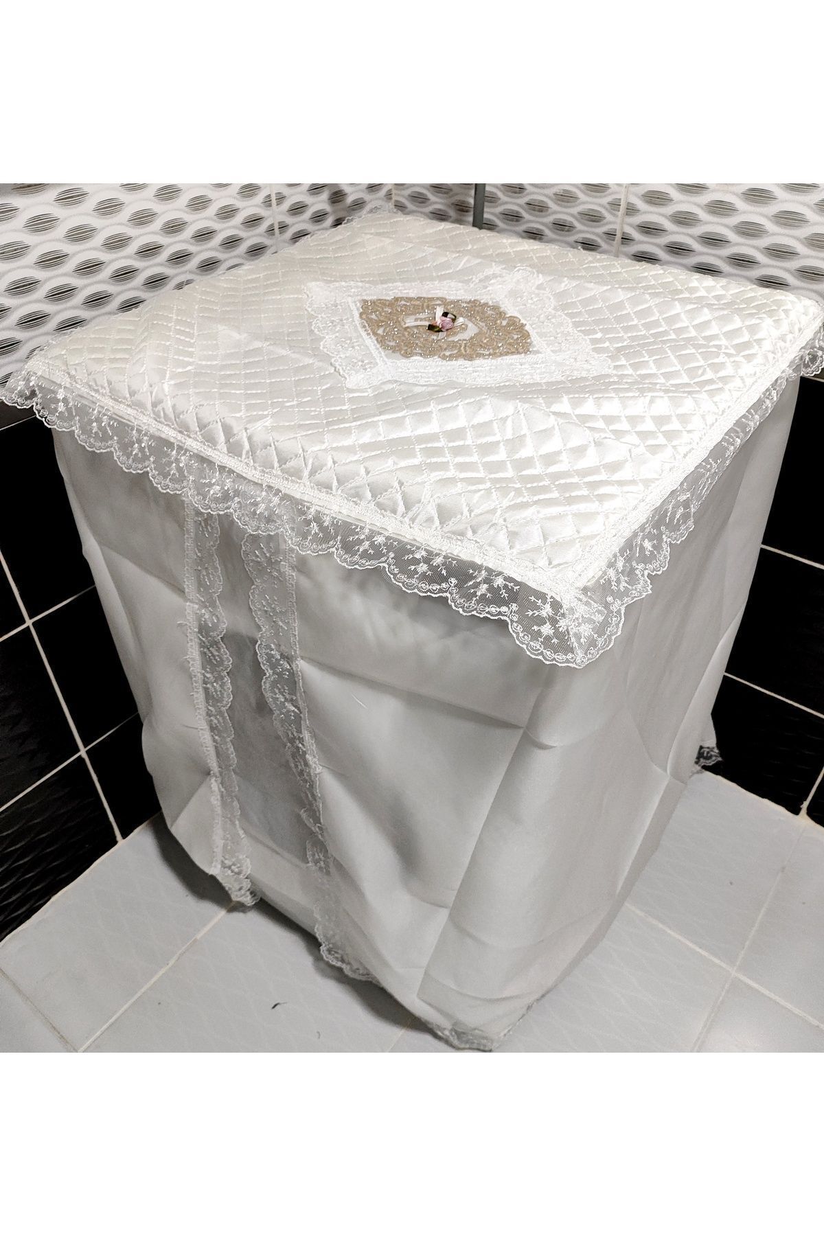 Beyaz Çamaşır Makinesi Örtüsü Dantel Kenar