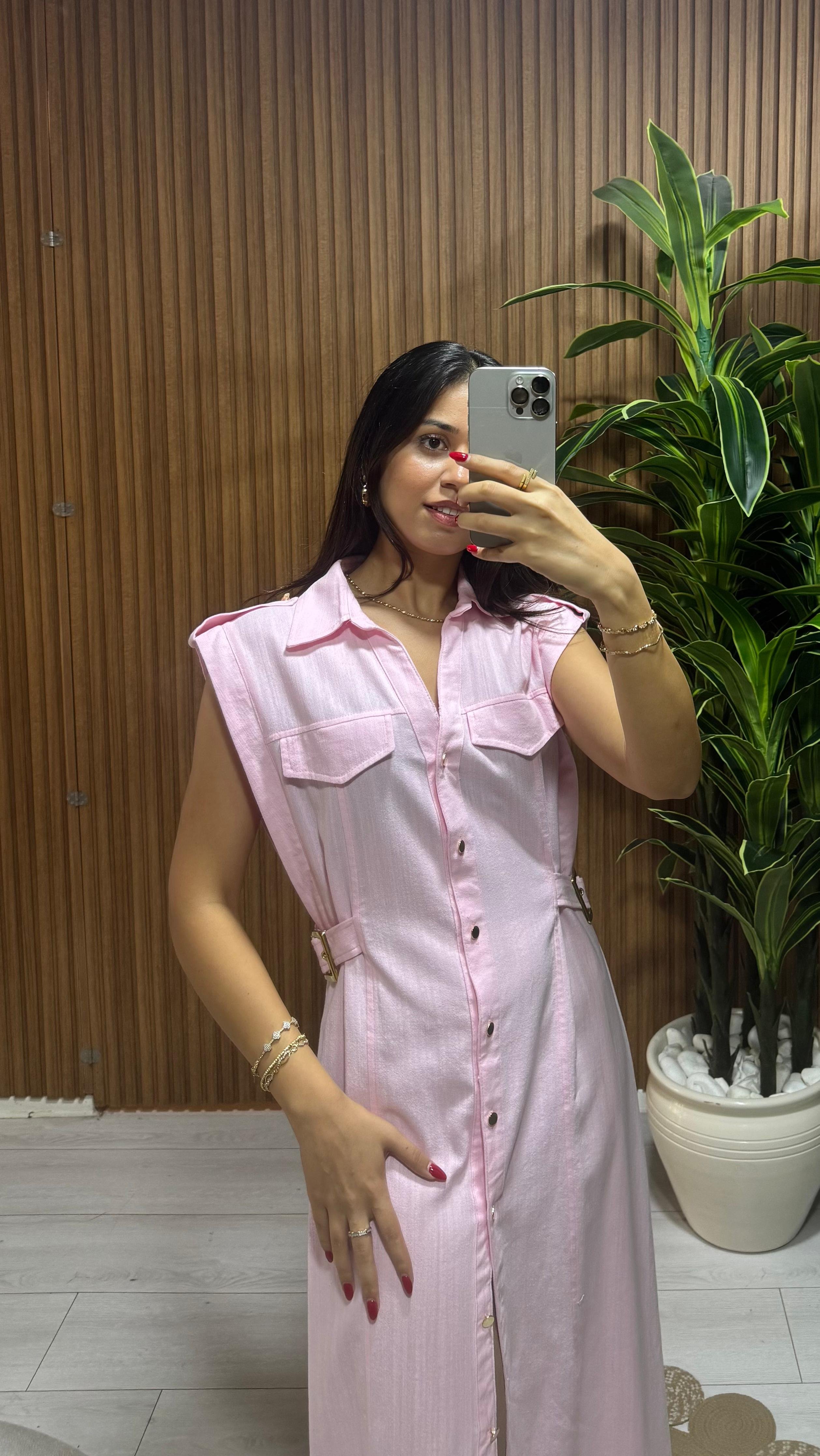 PEMBE KOLSUZ KETEN ELBİSE