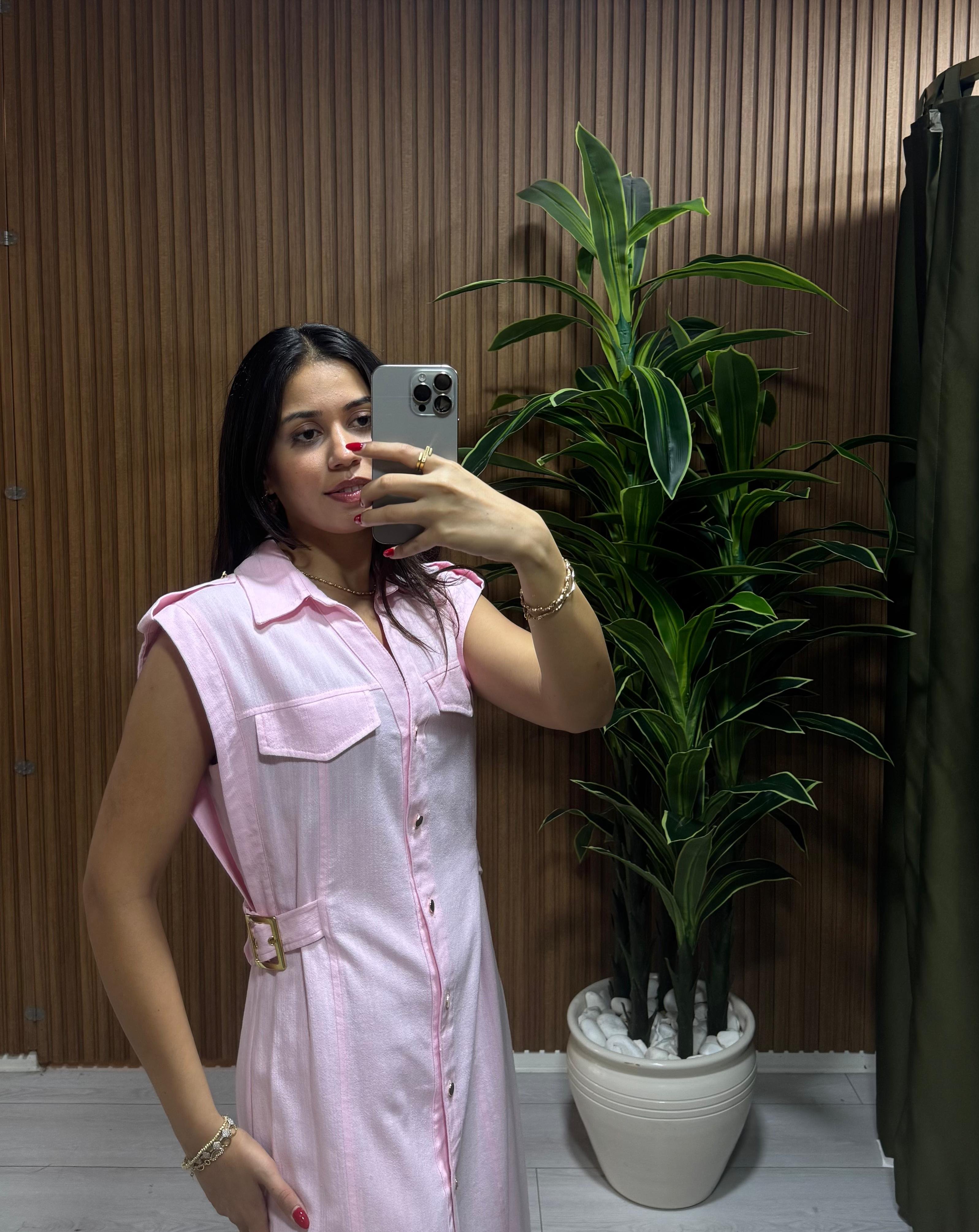 PEMBE KOLSUZ KETEN ELBİSE
