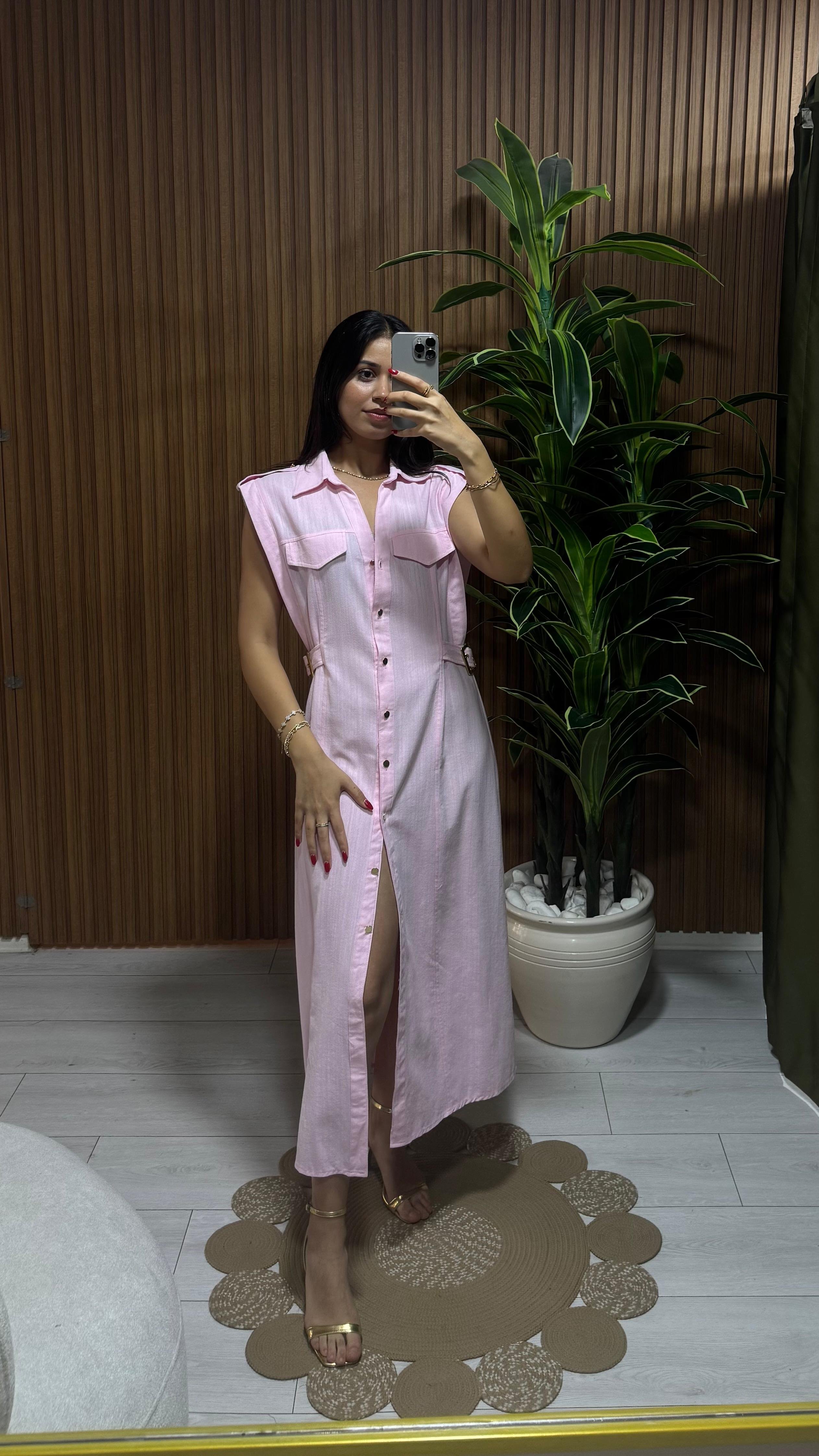 PEMBE KOLSUZ KETEN ELBİSE
