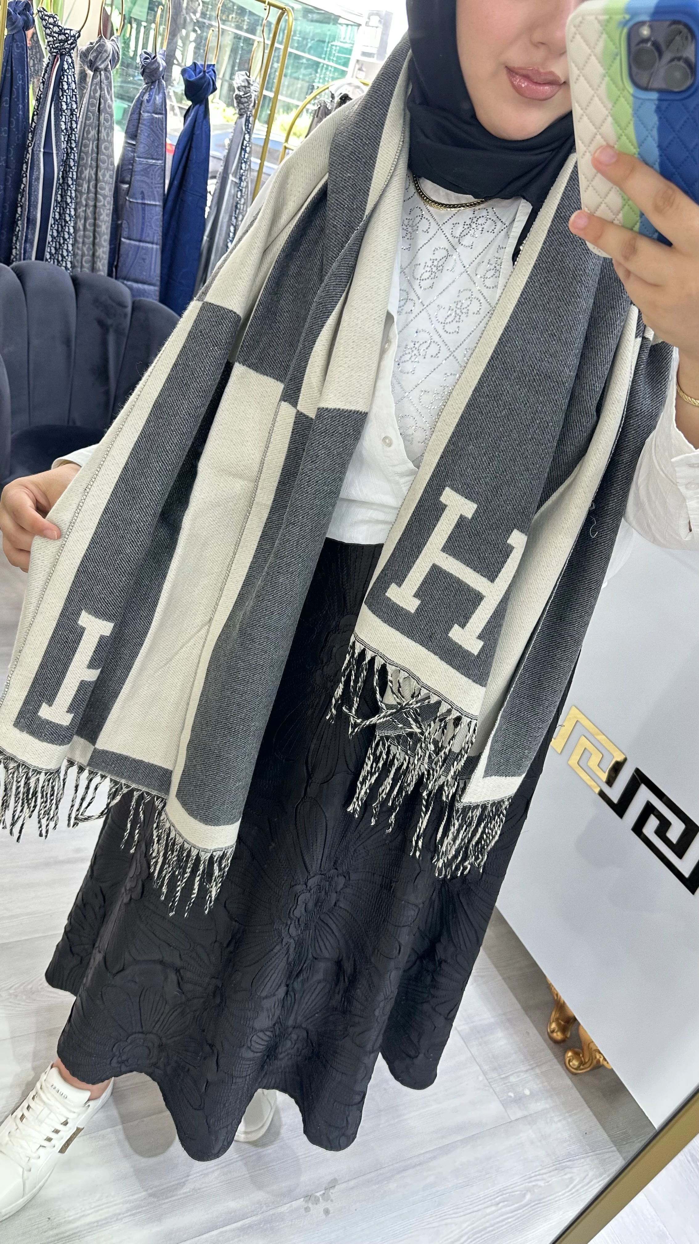 H Desen Yün Omuz Şalı Antrasit 