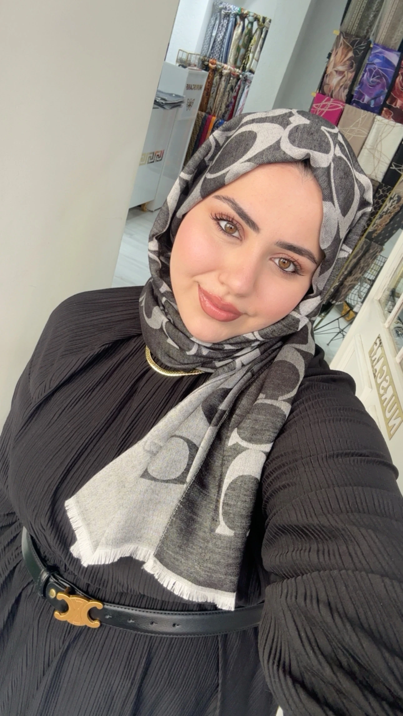 C Desen Yün İpek Şal Koyu Gri