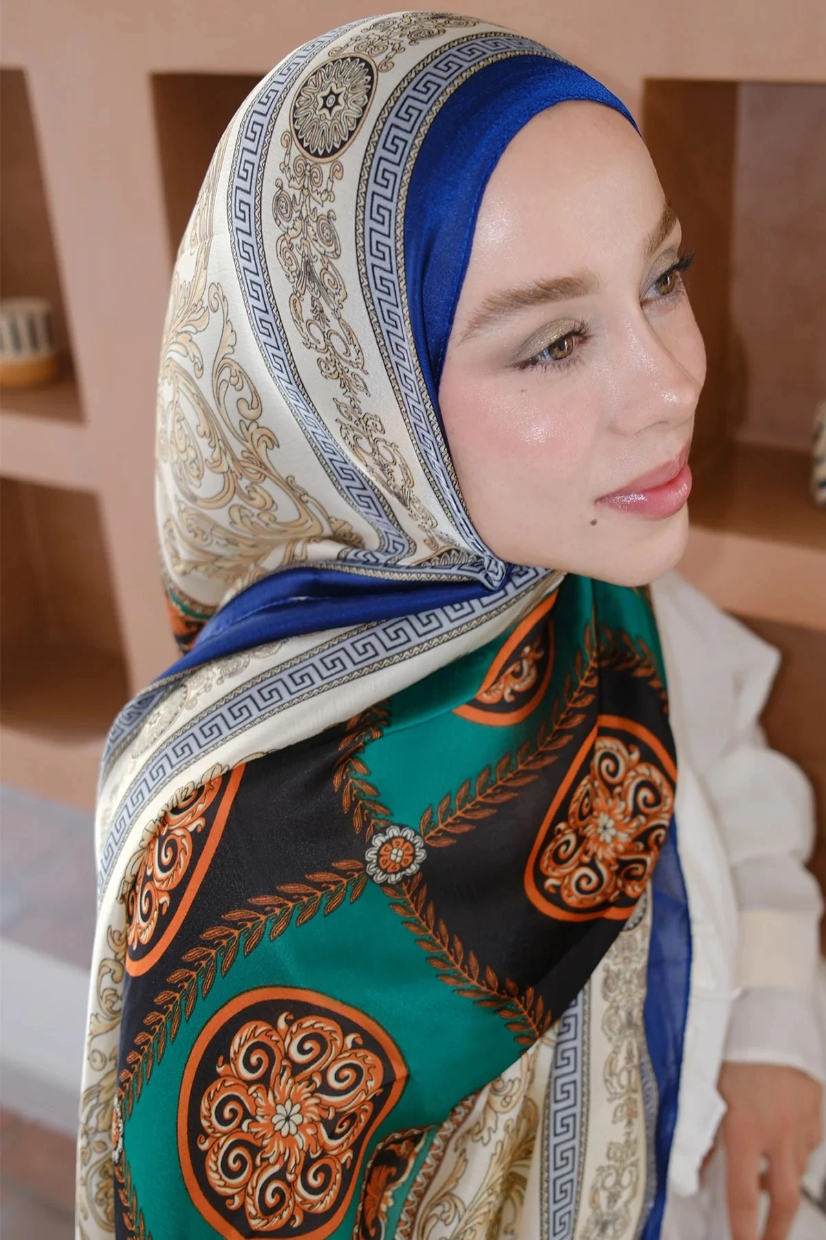 Varok Desen Vual İpek Şal Mavi/Yeşil