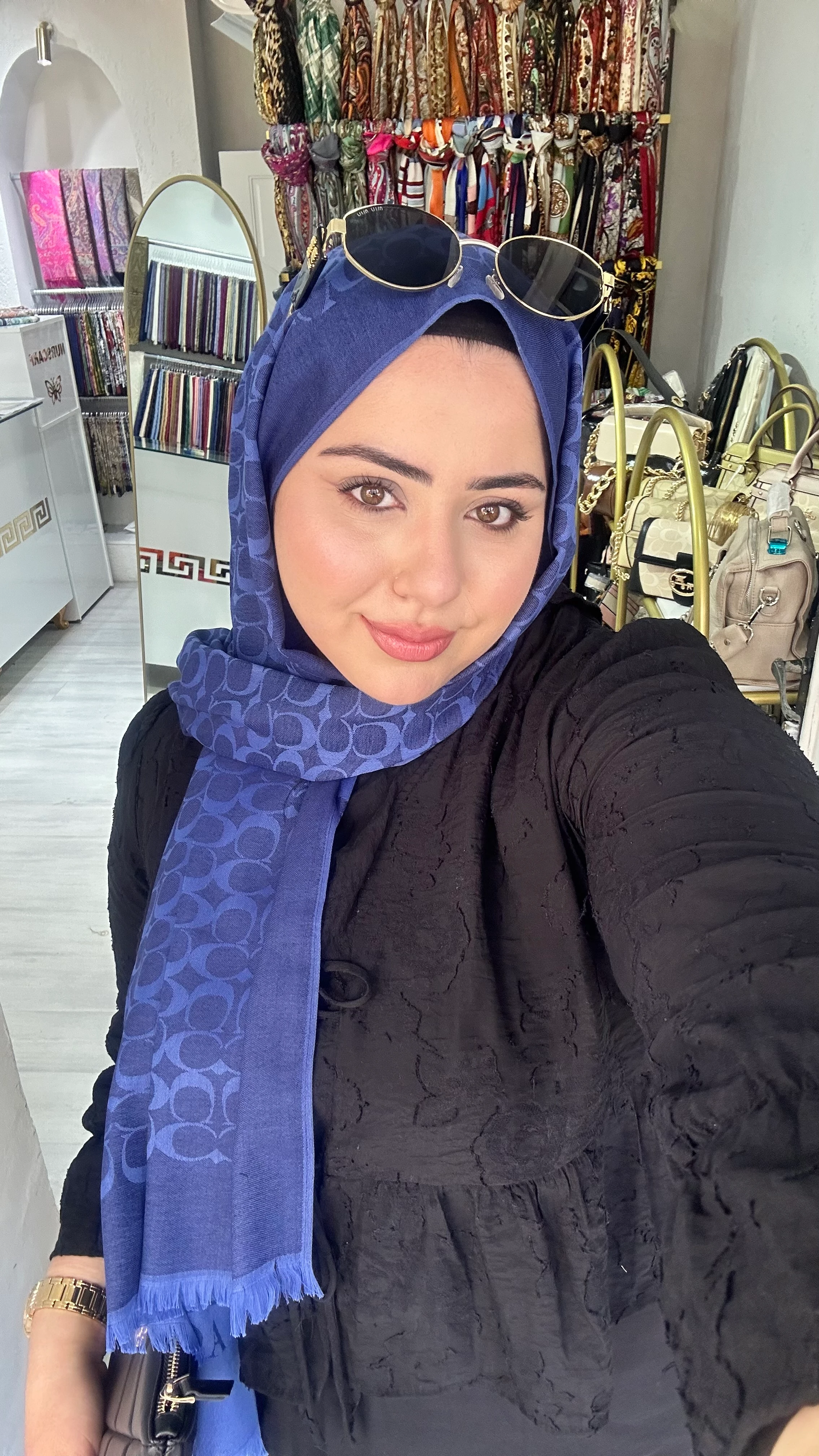 C Desen Yün İpek şal Saks Mavisi 