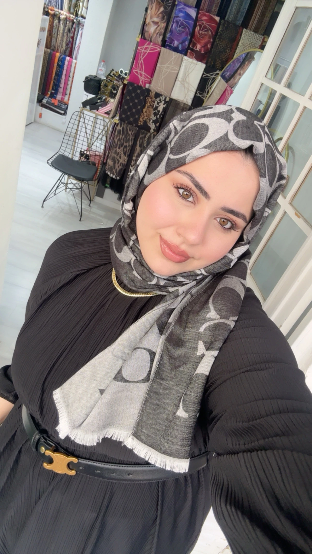 C Desen Yün İpek Şal Koyu Gri