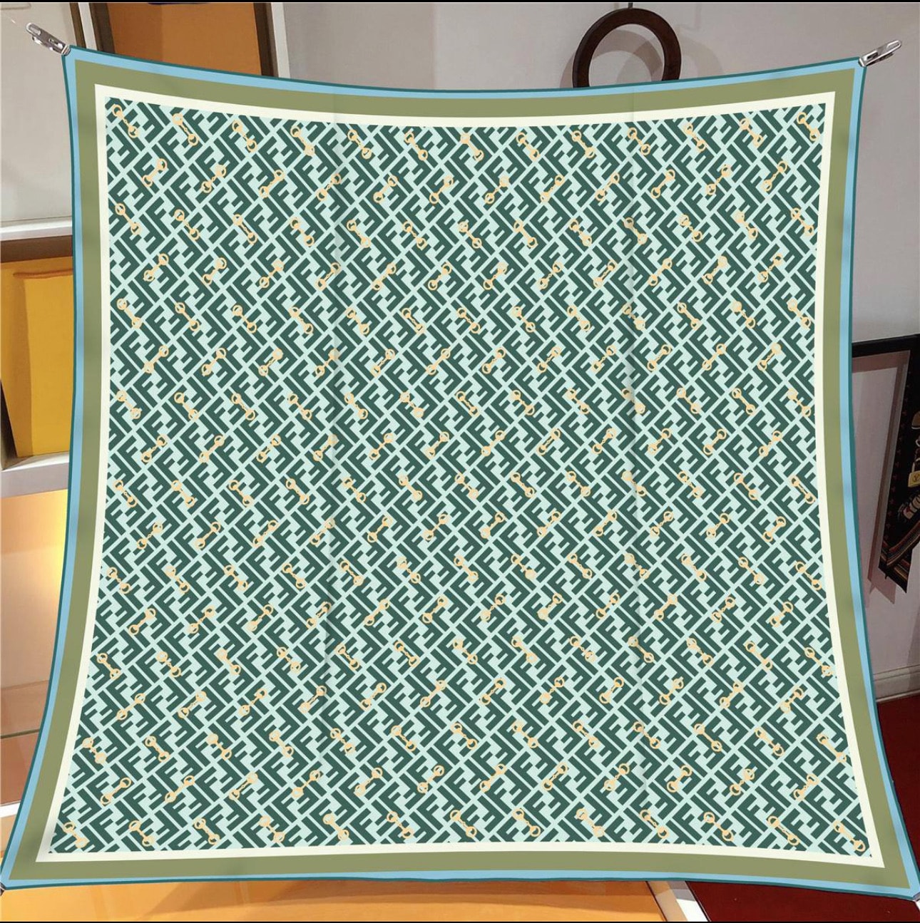 F Monogram Kelepçe Twill İpek Eşarp Turkuaz/Yeşil