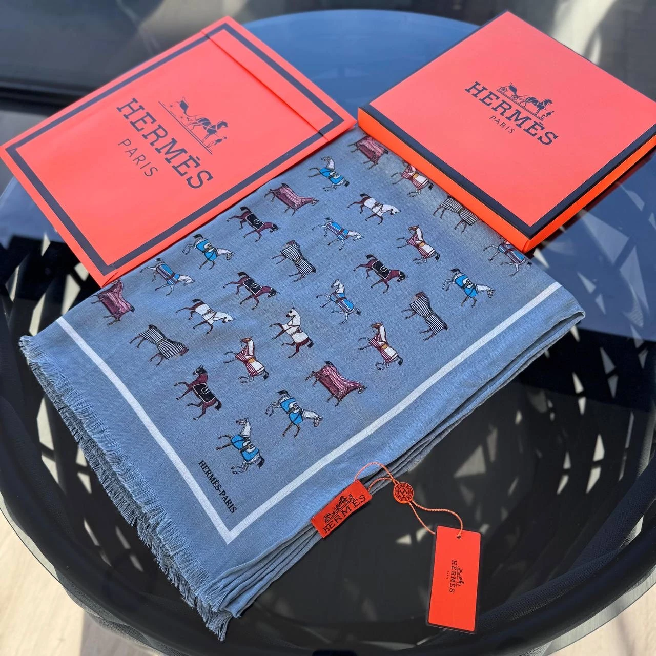 İthal Figürlü Yün Kaşmir Şal Mavi 