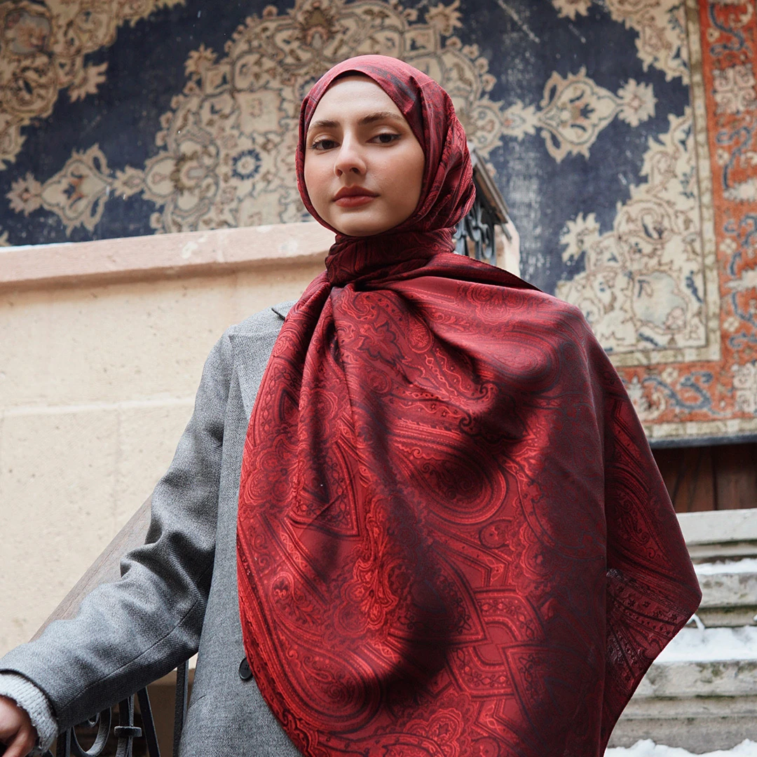 Etnik Desen İpek Dokuma Şal Bordo