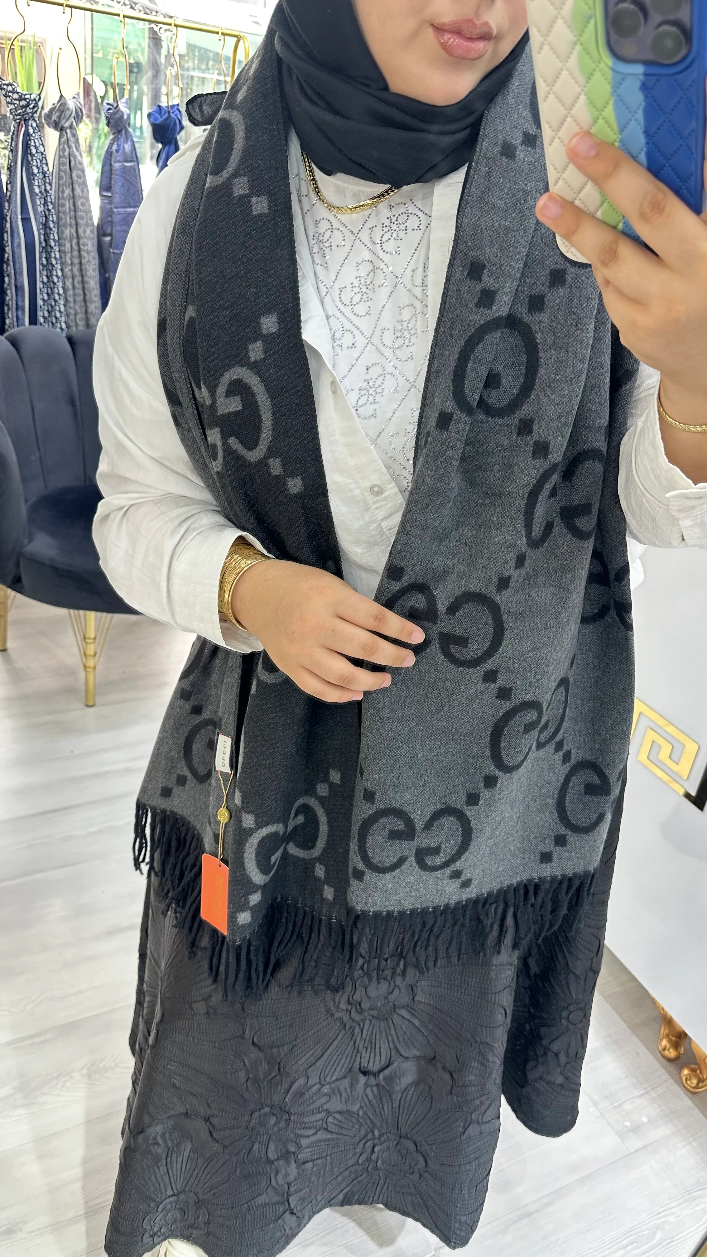 G Desen Yün Omuz Şalı Antrasit/siyah 