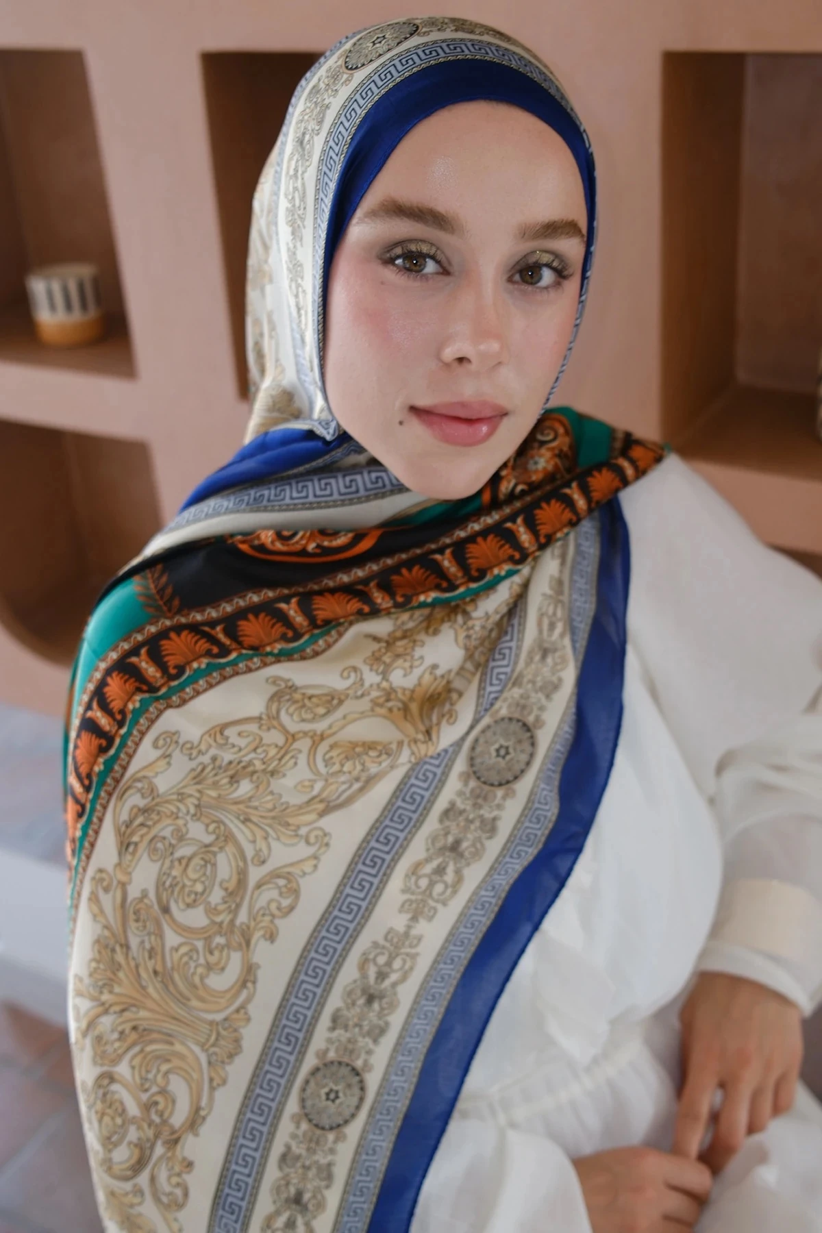 Varok Desen Vual İpek Şal Mavi/Yeşil