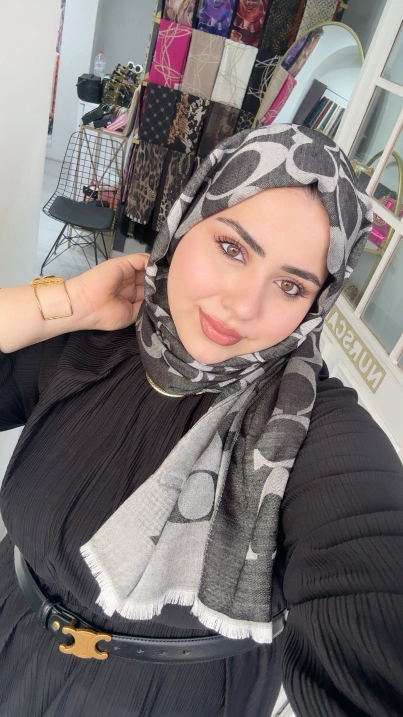 C Desen Yün İpek Şal Koyu Gri