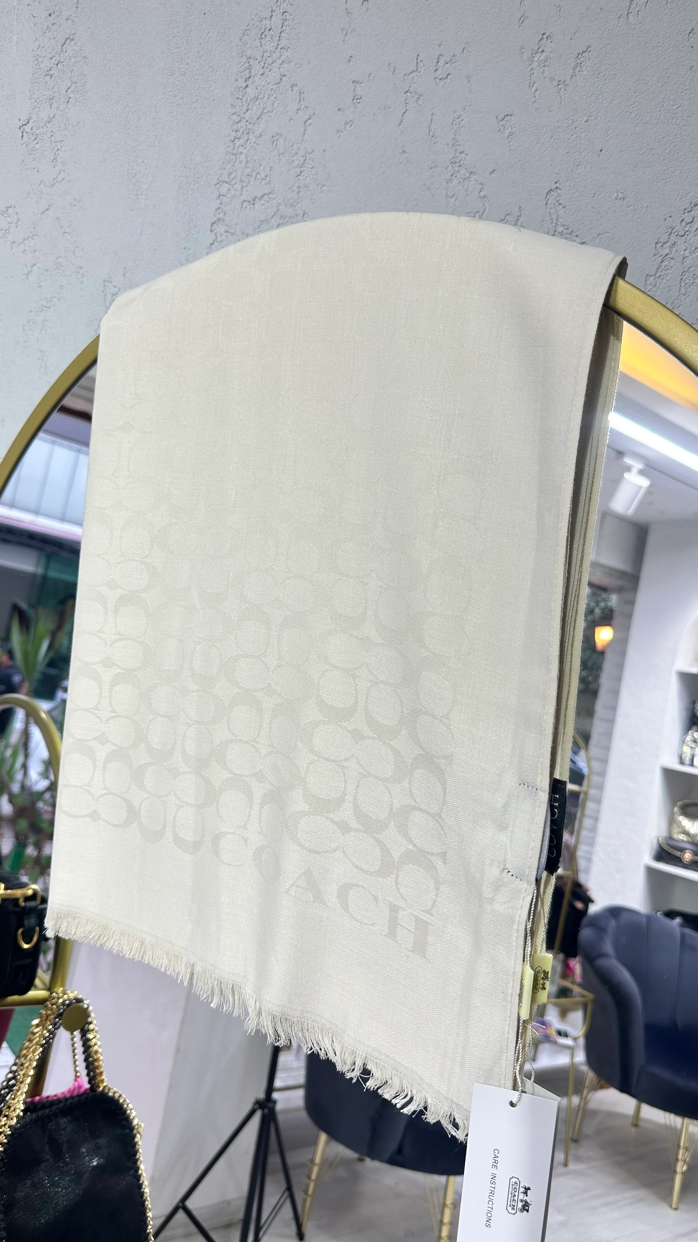 C Desen Yün ipek Şal Krem 