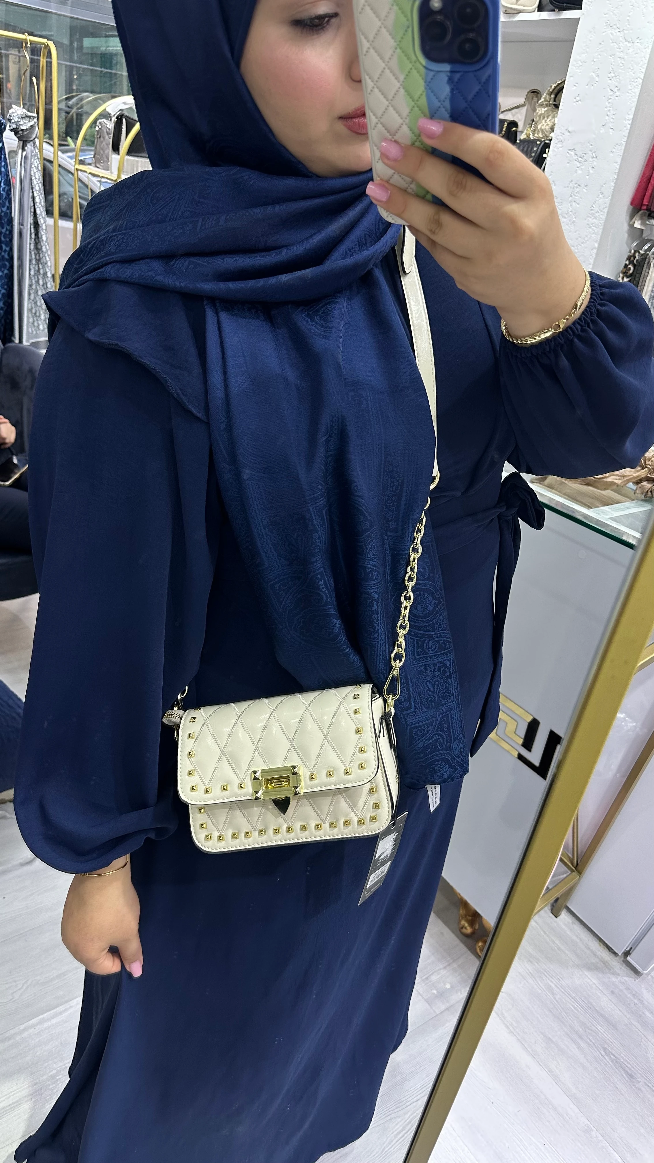 İthal Çift Askılı Zımba Detaylı Çanta Ekru 