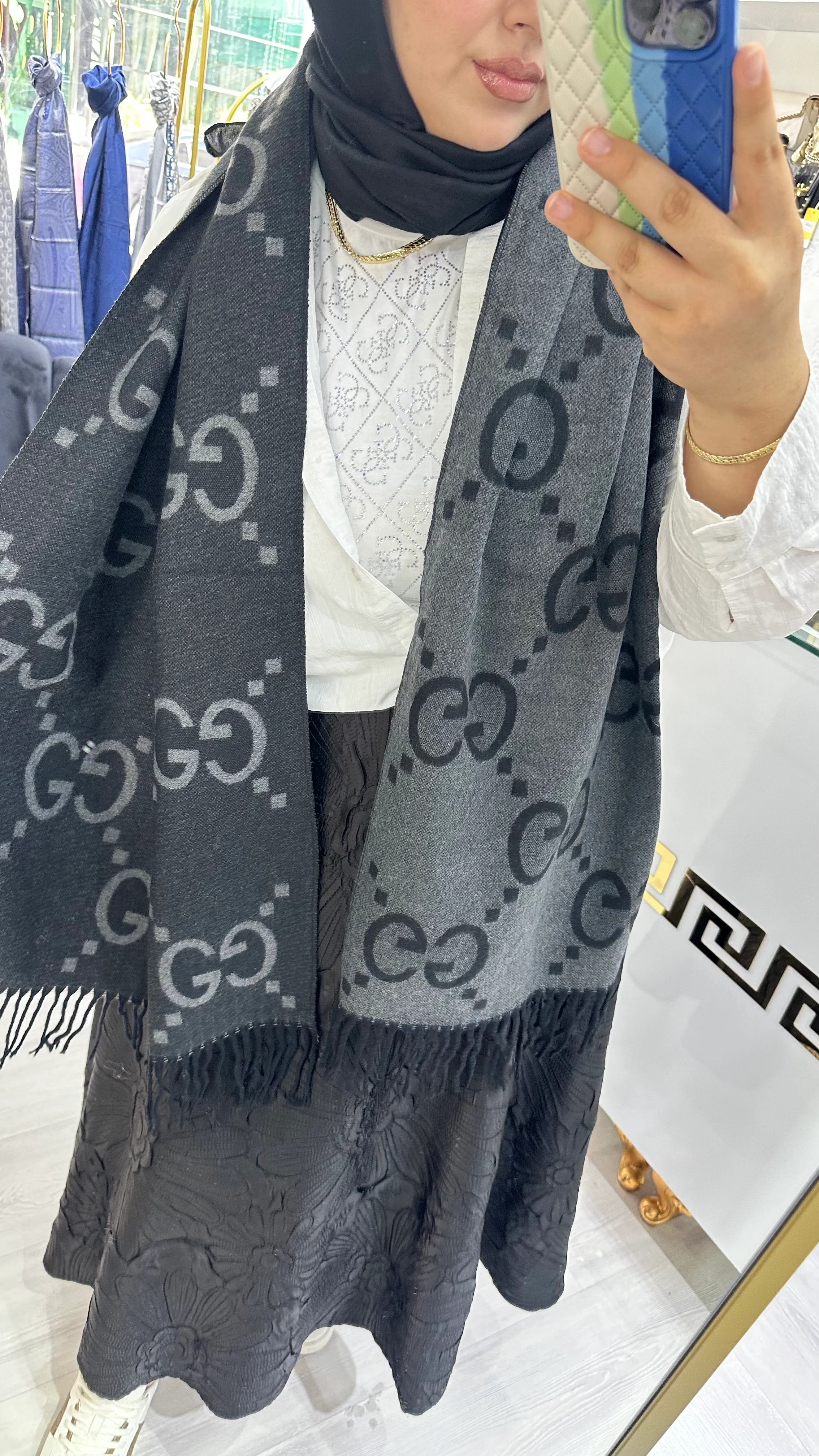 G Desen Yün Omuz Şalı Antrasit/siyah 